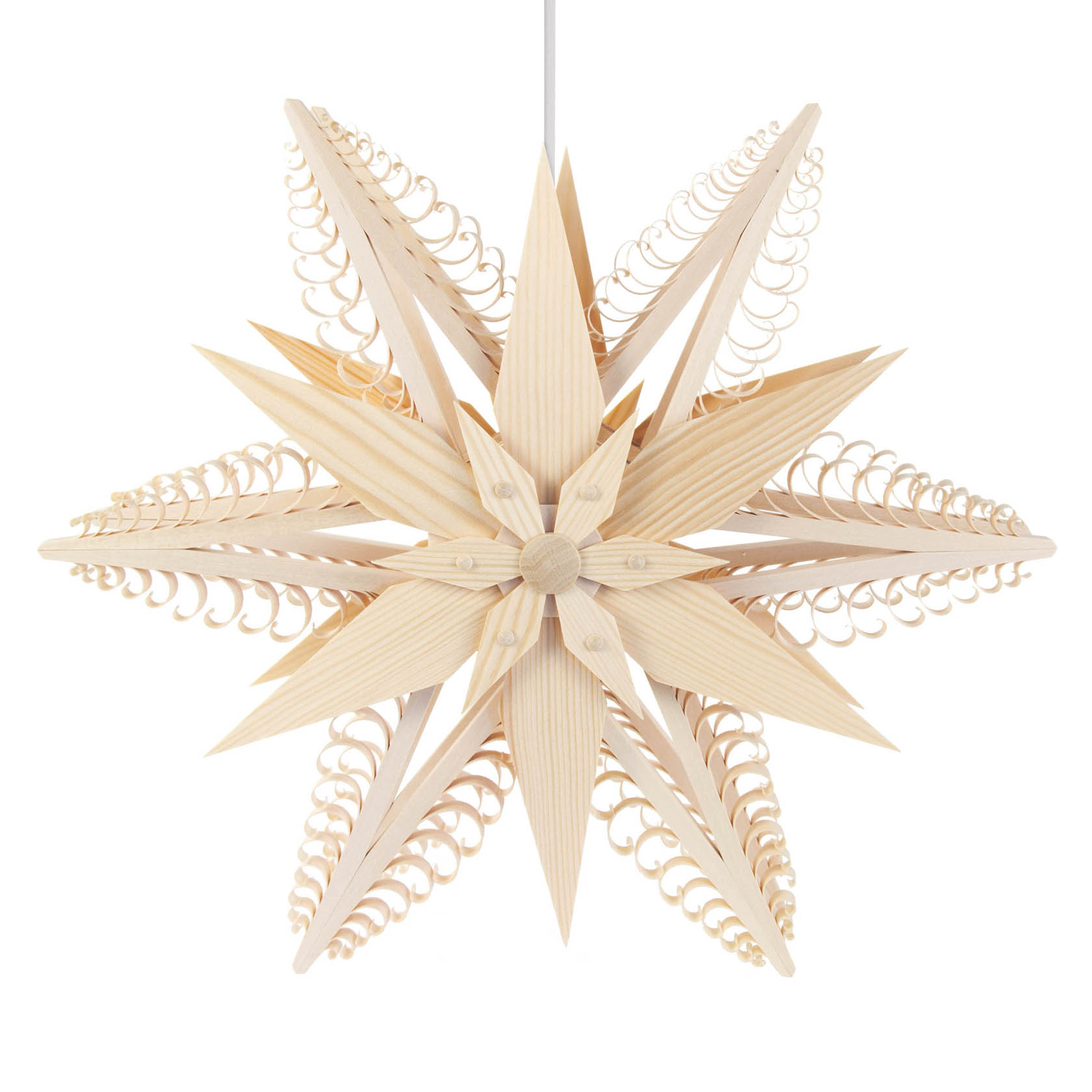Holzspanstern mit elektrischer Beleuchtung, bestehend aus zwölf großen und kleineren filigranen Sternspitzen, symmetrisch angeordnet. im Dregeno Online Shop günstig kaufen