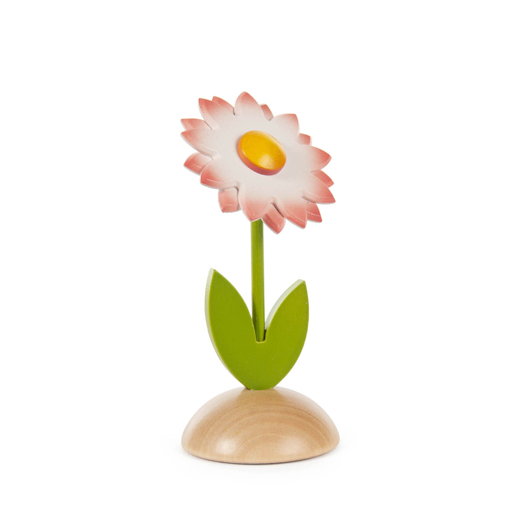 Dekorative Blumenfigur: Eine Margerite mit weiß-rosa Blütenblättern und gelber Mitte, stehend auf einem grünen Stängel mit blattförmigem Fuß auf Holzsockel. im Dregeno Online Shop günstig kaufen