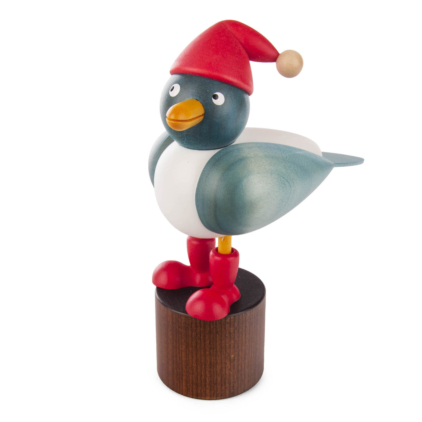 Holzfigur einer Möwe mit roter Weihnachtsmütze und roten Stiefeln, stehend auf einem Holzsockel. im Dregeno Online Shop günstig kaufen