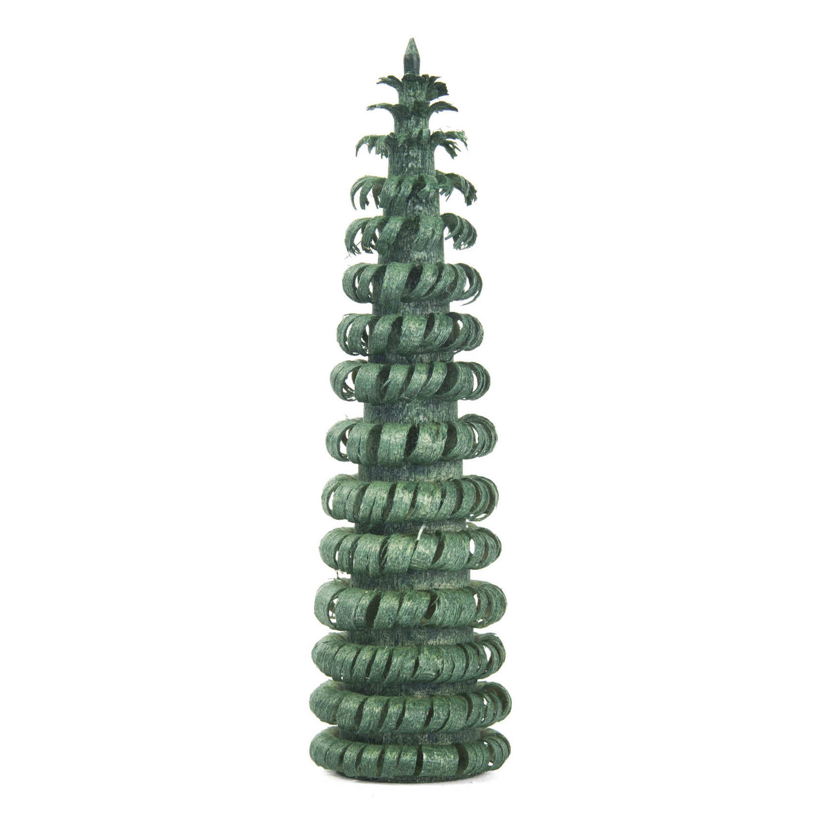 Ein kleiner, dekorativer, spiralförmiger grüner Baum aus Holz mit mehreren Ringeln, 9 cm hoch. im Dregeno Online Shop günstig kaufen