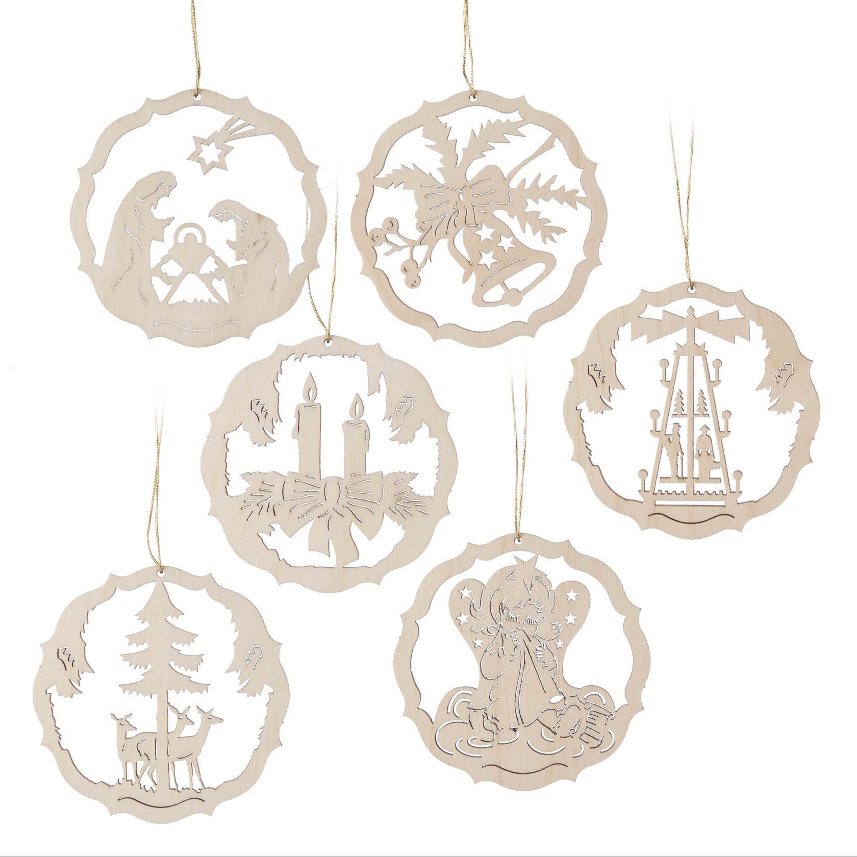 Sechs runde Holzanhänger mit Weihnachtsmotiven: Maria und Joseph mit Krippe, Glocken mit Stechpalmen, zwei Kerzen, eine Kirche, Tannenbäume mit Reh, Weihnachtsmann. im Dregeno Online Shop günstig kaufen