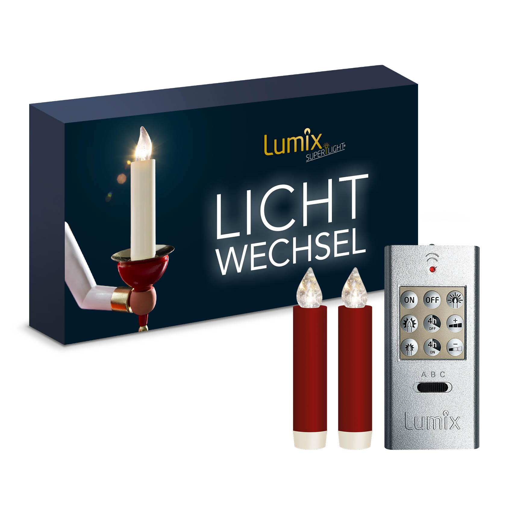 LUMIX CLASSIC MINI S Set in rot mit zwei Kerzen, einer silbernen Fernbedienung und zwei Batterien vor einer Verpackung mit Aufschrift 'LICHT WECHSEL'. im Dregeno Online Shop günstig kaufen