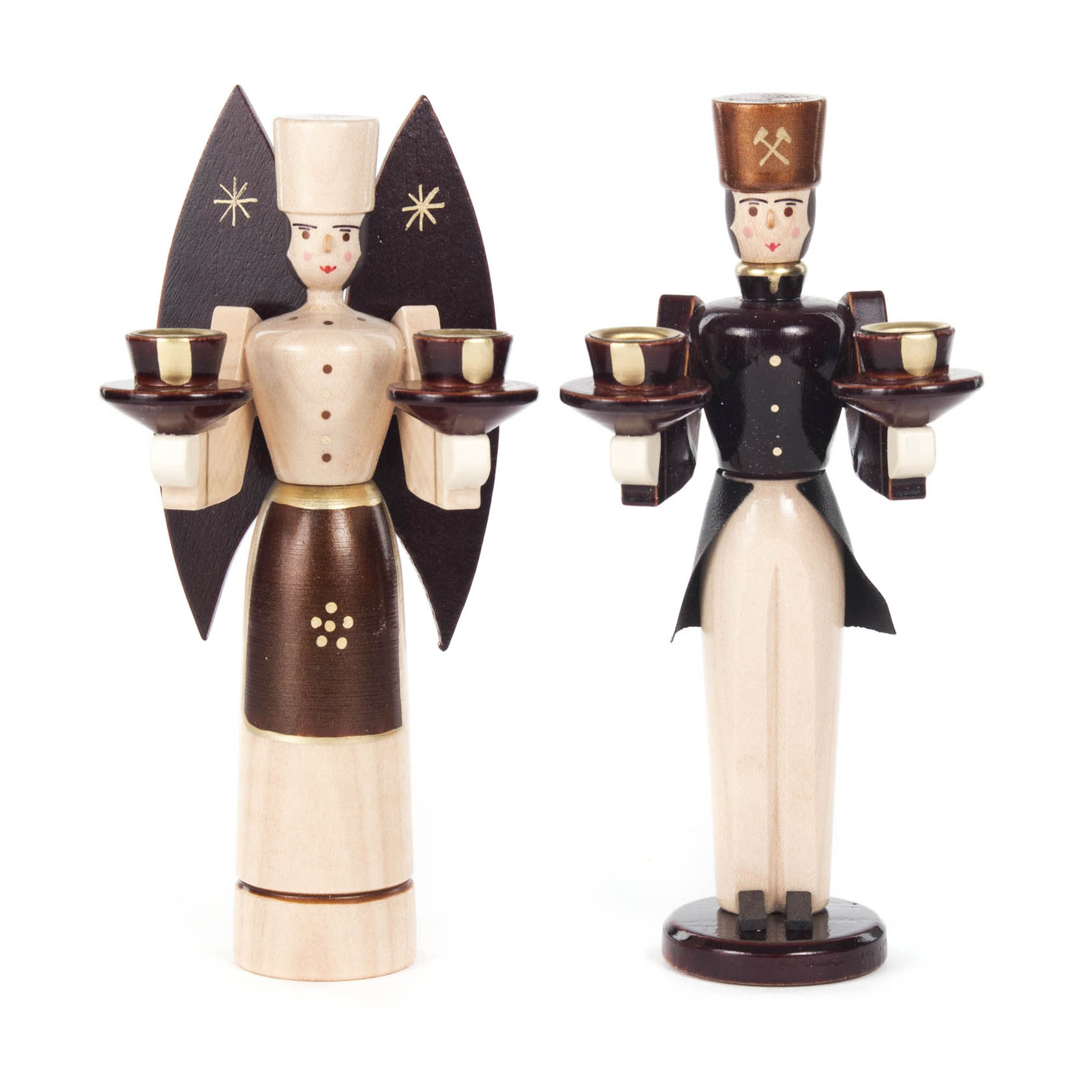 Zwei handgeschnitzte Figuren aus Holz: Ein Engel und ein Bergmann, beide halten je zwei Kerzenhalter für 10mm-Kerzen. im Dregeno Online Shop günstig kaufen