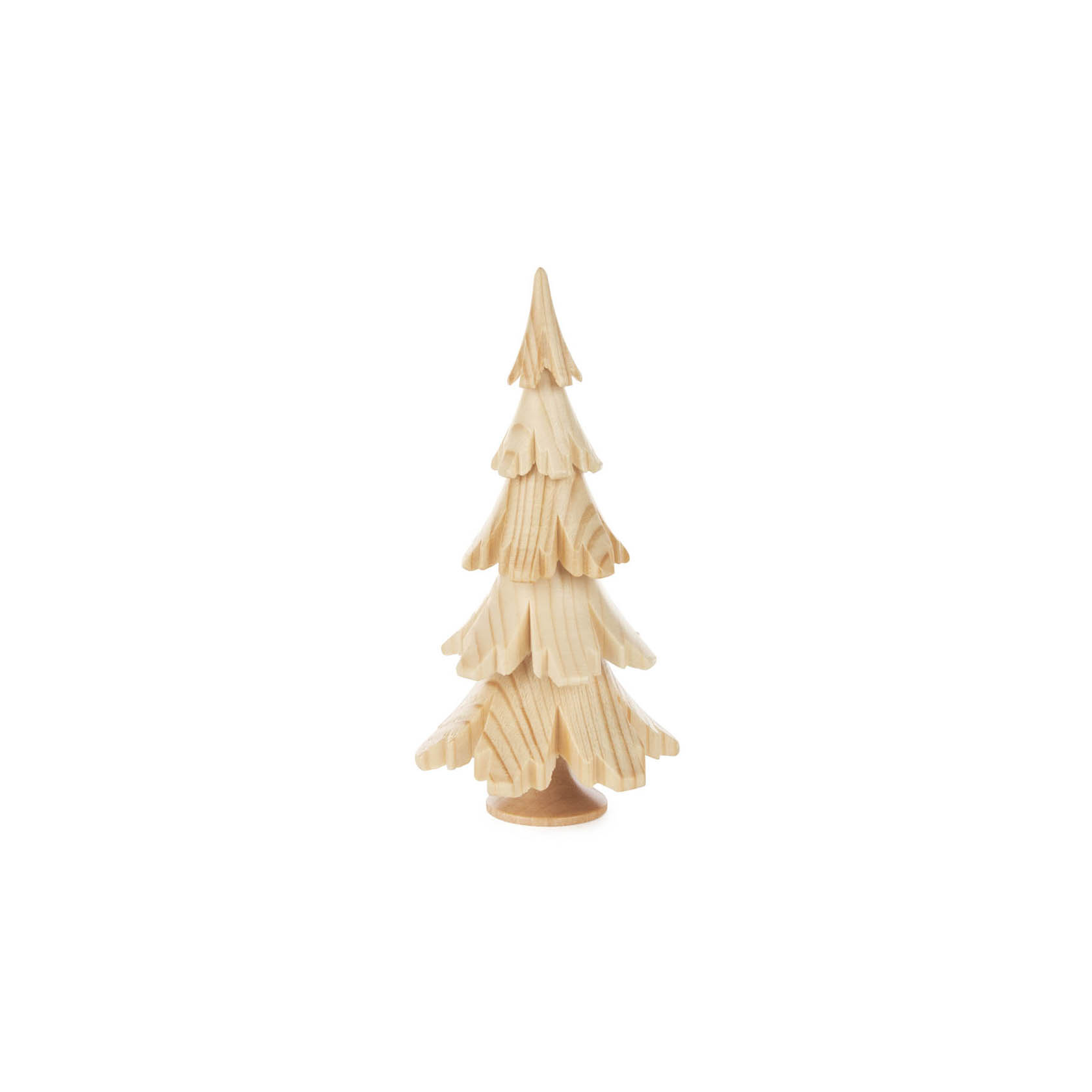 Ein kleiner, geschnitzter Tannenbaum aus hellem Massivholz, etwa 12,5 cm hoch, mit detaillierten Ästen und einer schlichten, naturbelassenen Oberfläche. im Dregeno Online Shop günstig kaufen