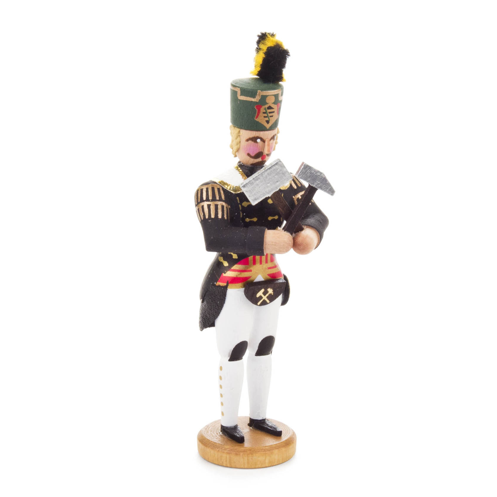 Holzfigur eines Bergmanns mit grüner Mütze, schwarzen Jacke und weißer Hose, hält Hammer und Meißel, Symbol für Bergbau. im Dregeno Online Shop günstig kaufen