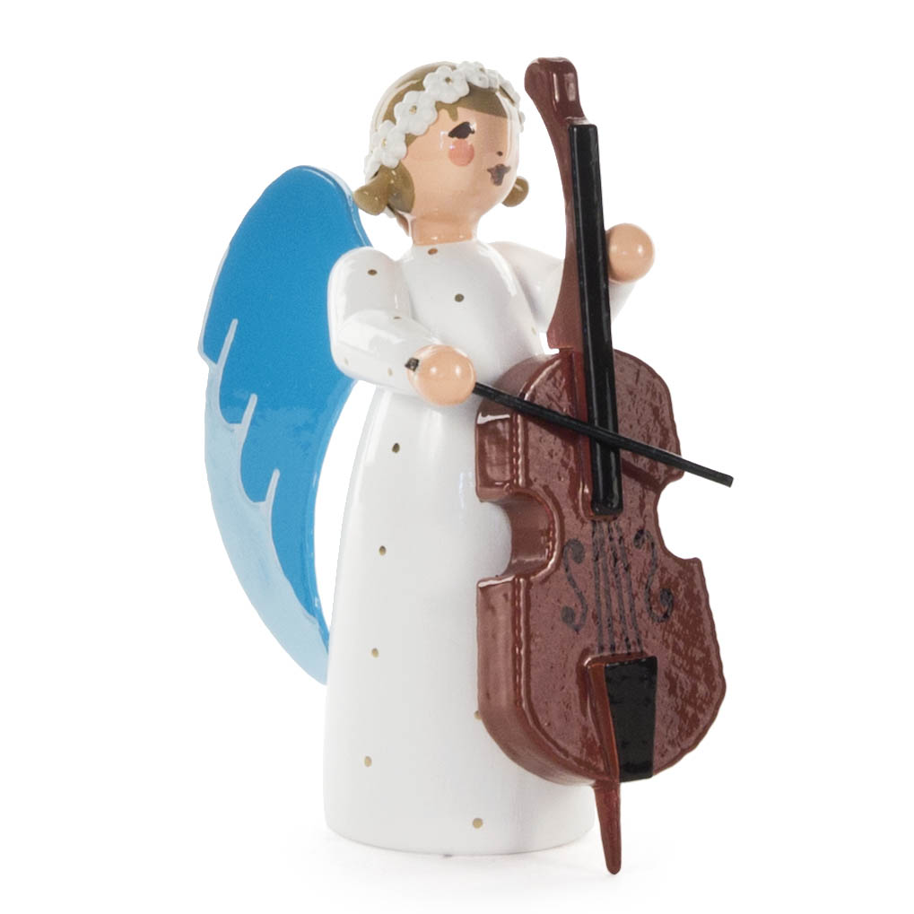 Figur eines Engels mit blauen Flügeln, der einen Bass spielt. Der Engel hat eine weiße Robe und blonde Haare mit einem Blumenkranz. im Dregeno Online Shop günstig kaufen