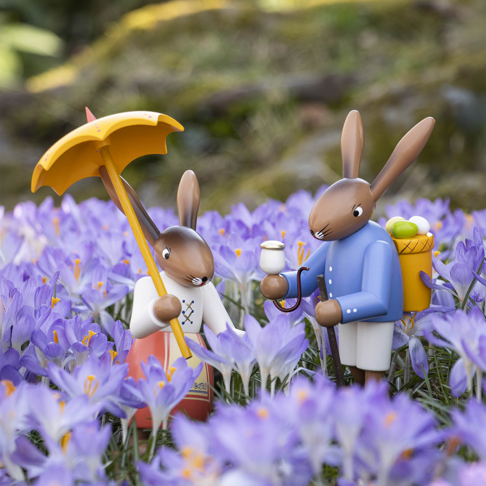 Zwei hölzerne Osterhasenfiguren in einem Krokusfeld. Ein Hase hält einen gelben Schirm, der andere einen Korb mit bunten Eiern und einen Spazierstock.