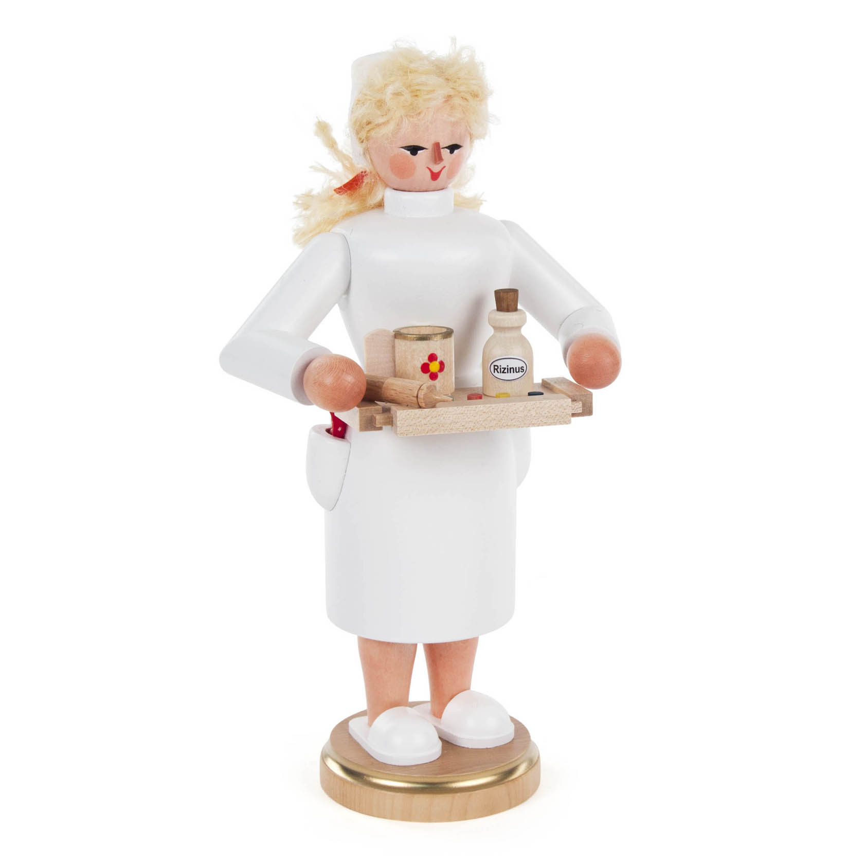 Eine aus Holz gefertigte Räucherfigur in Form einer Krankenschwester mit blonden Haaren, die ein Tablett mit kleinen Arzneiflaschen und Papierrollen hält. im Dregeno Online Shop günstig kaufen