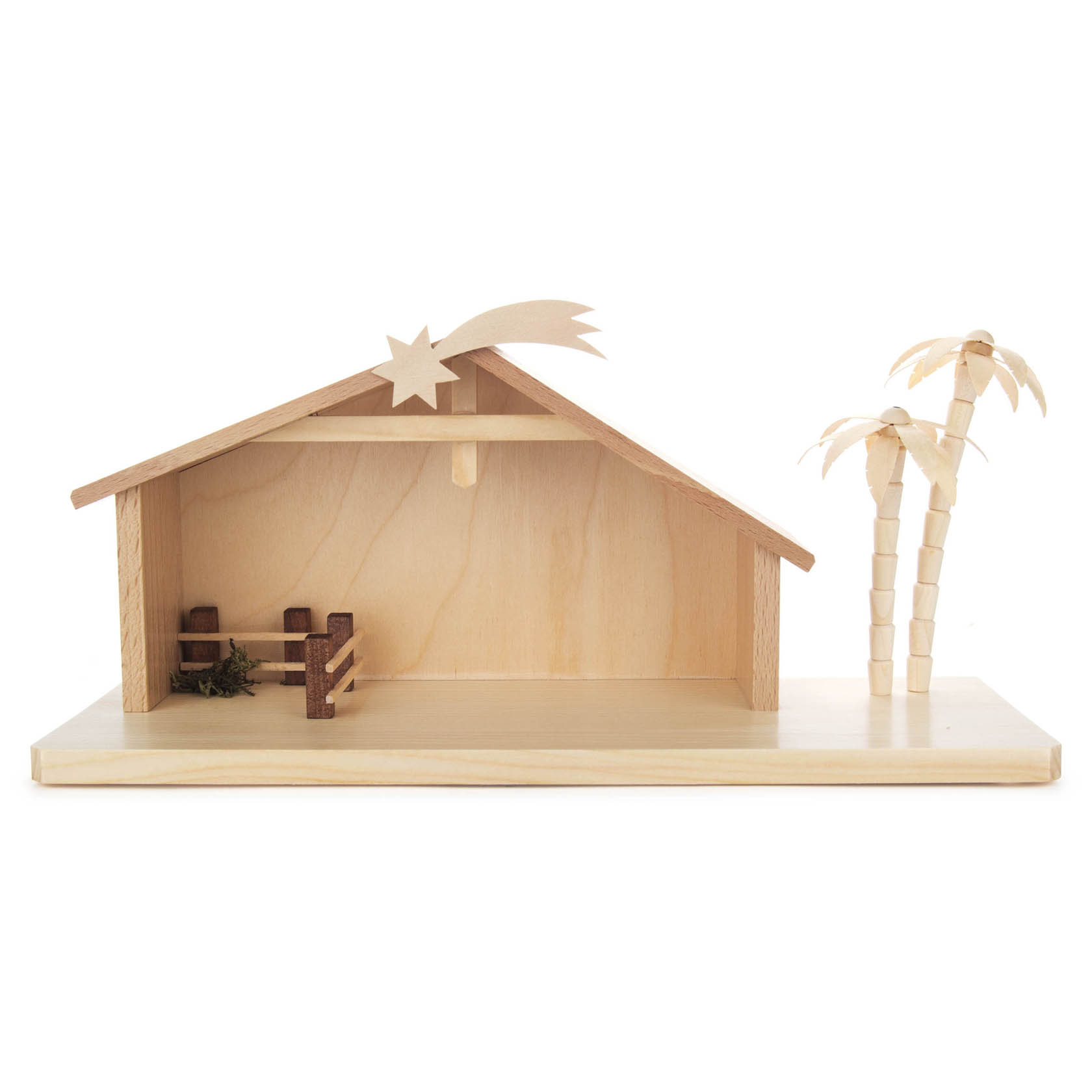 Minimalistisches Holzhäuschen mit Stern auf dem Dach und zwei Palmen daneben, symbolisiert eine Krippe ohne Figuren. im Dregeno Online Shop günstig kaufen