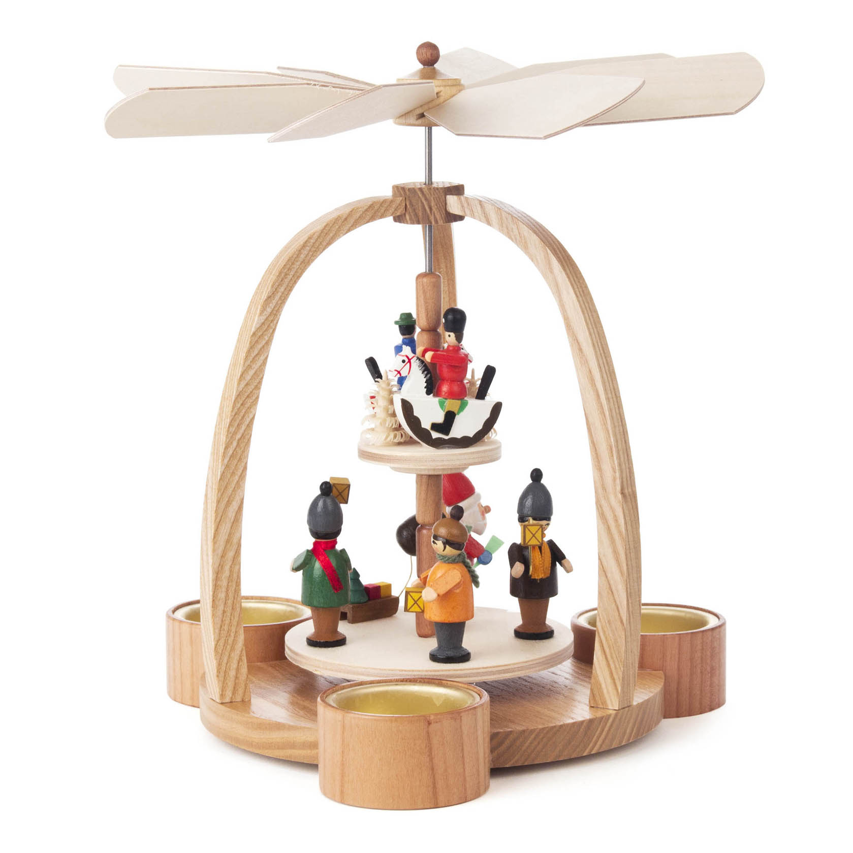 Holzpyramide mit zwei Ebenen, oben ein Weihnachtsmann und ein Schneemann, unten vier Reiterlein um eine zentrale Säule, Teelicht-Halterungen an der Basis. im Dregeno Online Shop günstig kaufen