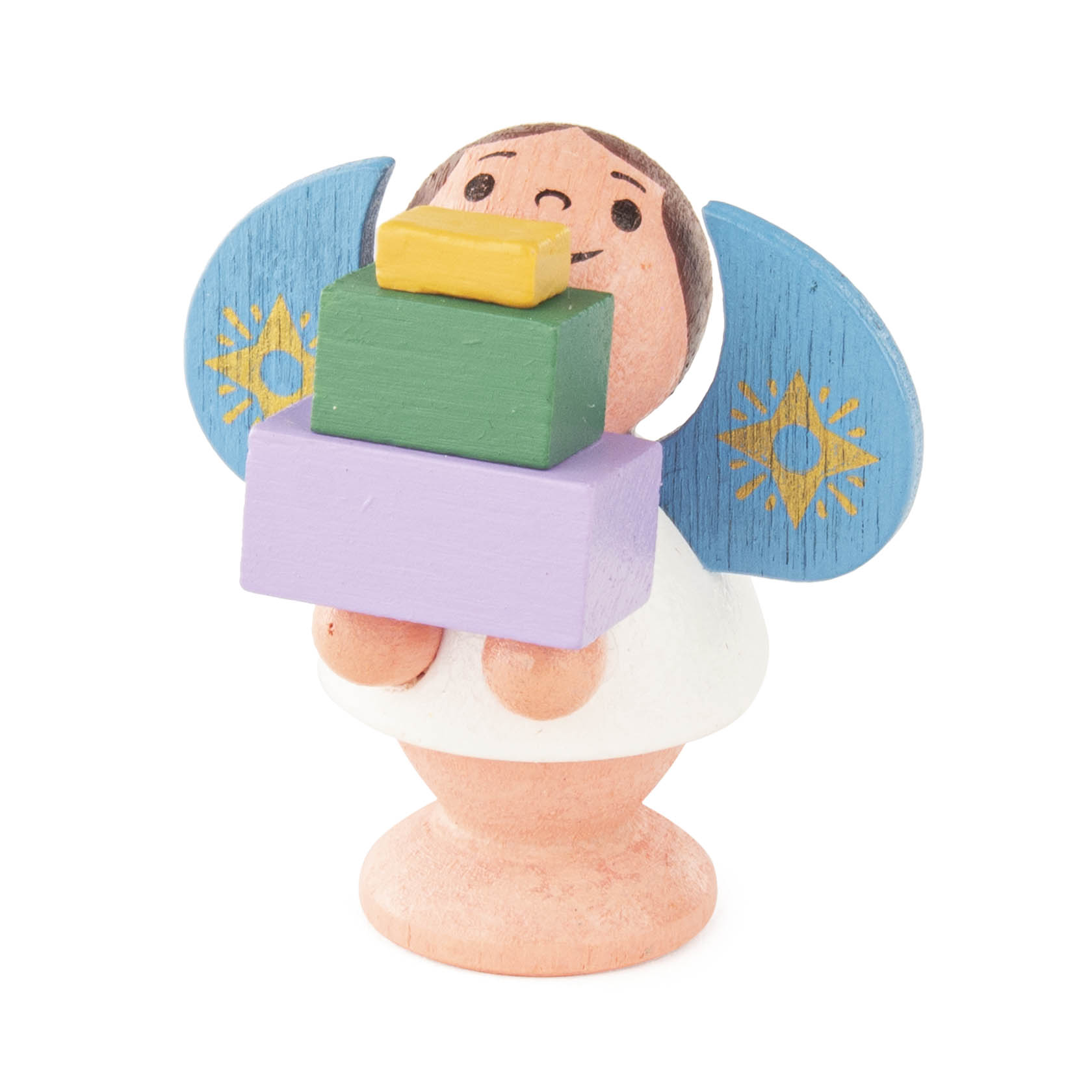 Holzengel mit blauen Flügeln hält bunte Geschenke in Gelb, Grün und Lila. im Dregeno Online Shop günstig kaufen