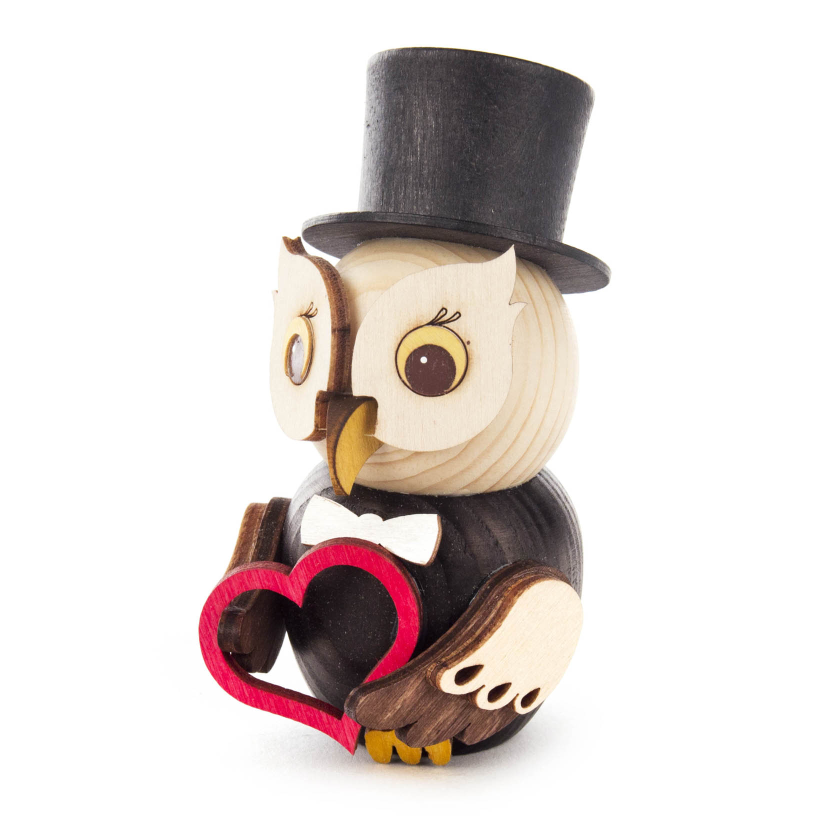 Dekorative Holzfigur einer Eule als Bräutigam, mit schwarzem Zylinderhut, Fliege und rotem Herz in den Flügeln. im Dregeno Online Shop günstig kaufen