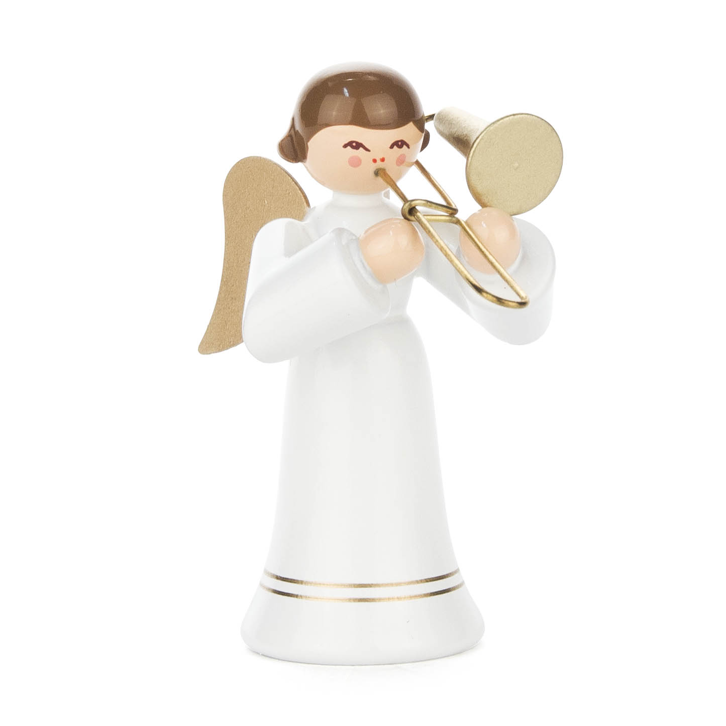 Eine hölzerne Engelfigur mit goldener Posaune und Flügeln, trägt ein langes weißes Kleid mit goldenen Akzenten, hat braune Haare und rote Wangen. im Dregeno Online Shop günstig kaufen
