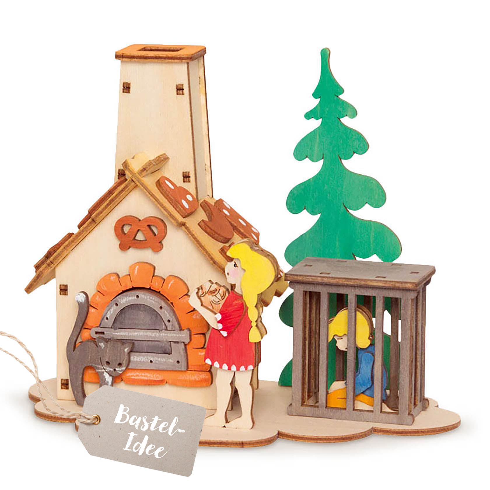 A toy set featuring a wooden Hansel and Gretel-themed smoker with a witch's house, a witch holding a pretzel, a caged Hansel, and a tree. im Dregeno Online Shop günstig kaufen