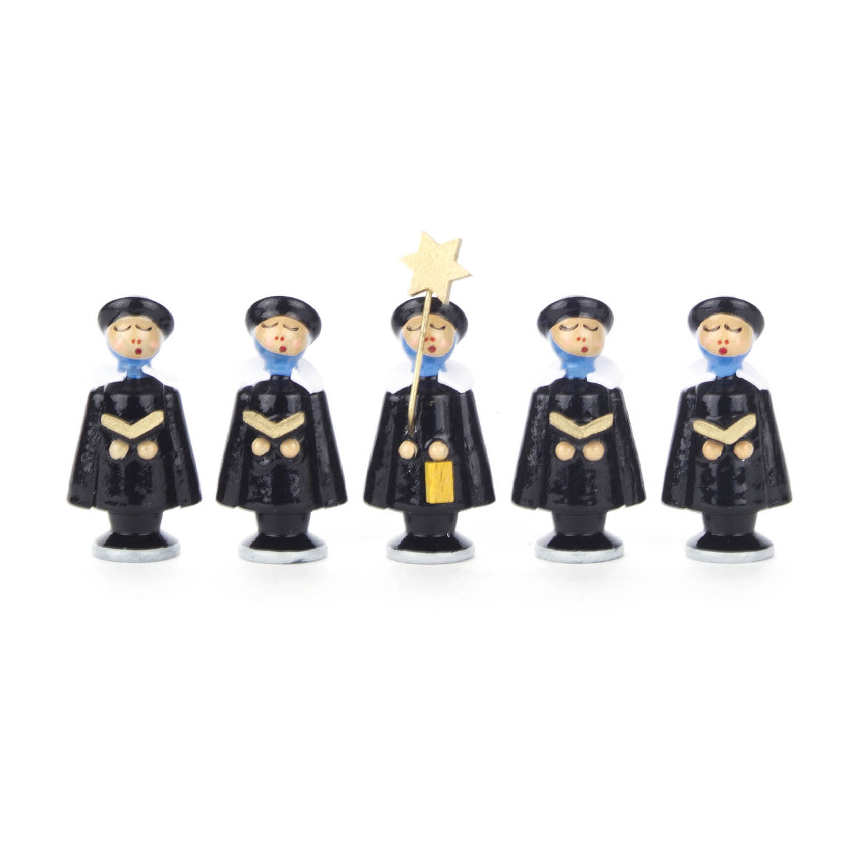 Fünf schwarze Kurrendefiguren in einer Reihe, alle mit Notenblättern, eine Figur hält zusätzlich einen goldenen Stern. im Dregeno Online Shop günstig kaufen