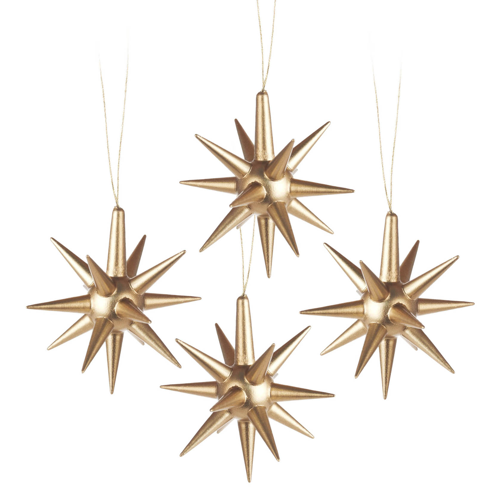 Vier goldene, dreidimensionale Stern-Ornamente mit Spitzen, aufgehängt an goldenen Fäden. im Dregeno Online Shop günstig kaufen
