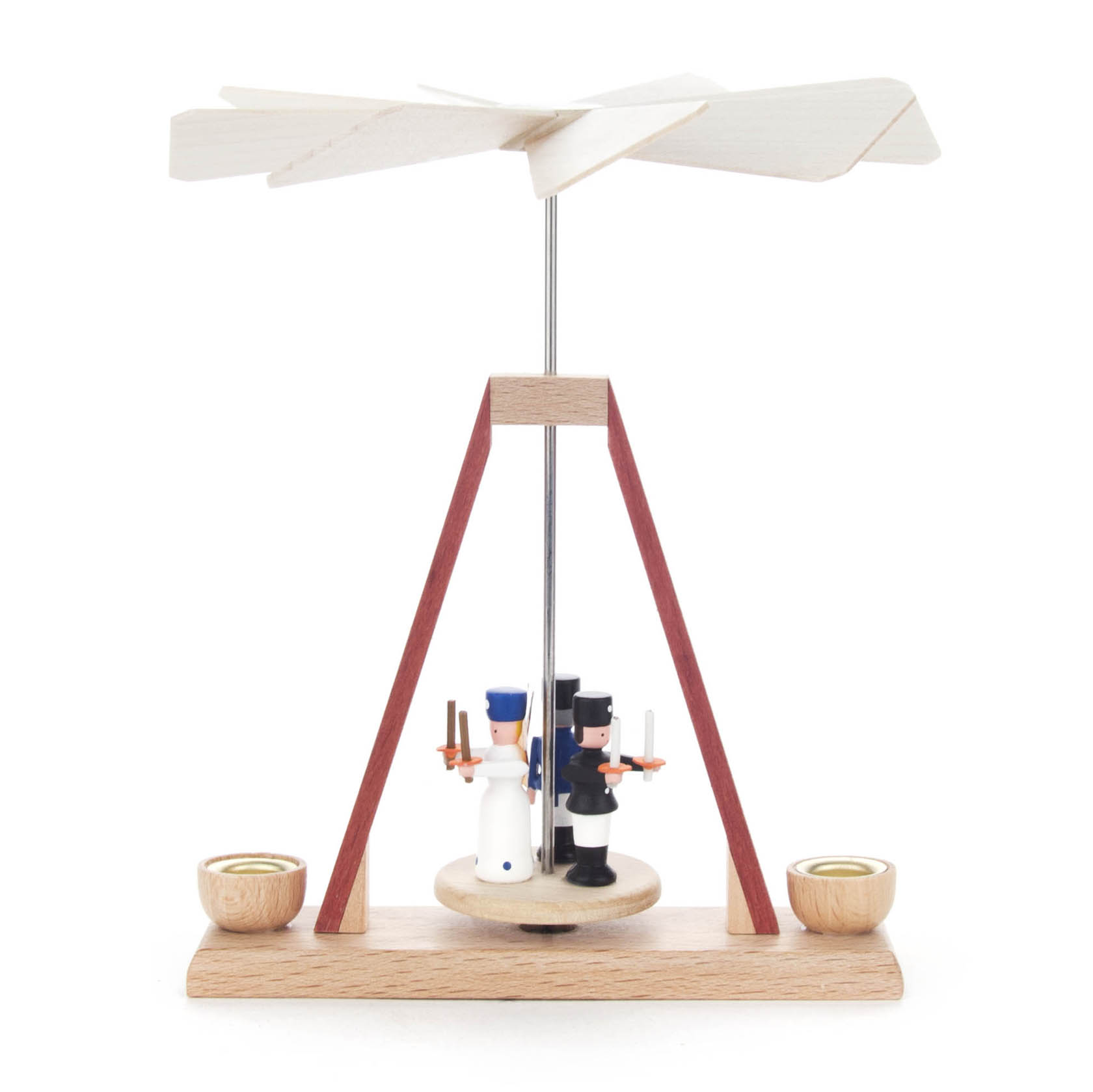 Mini-Pyramide aus Holz mit einem Engel, einem Bergmann und einem Nussknacker in der Mitte, zwei Kerzenhalter links und rechts. im Dregeno Online Shop günstig kaufen