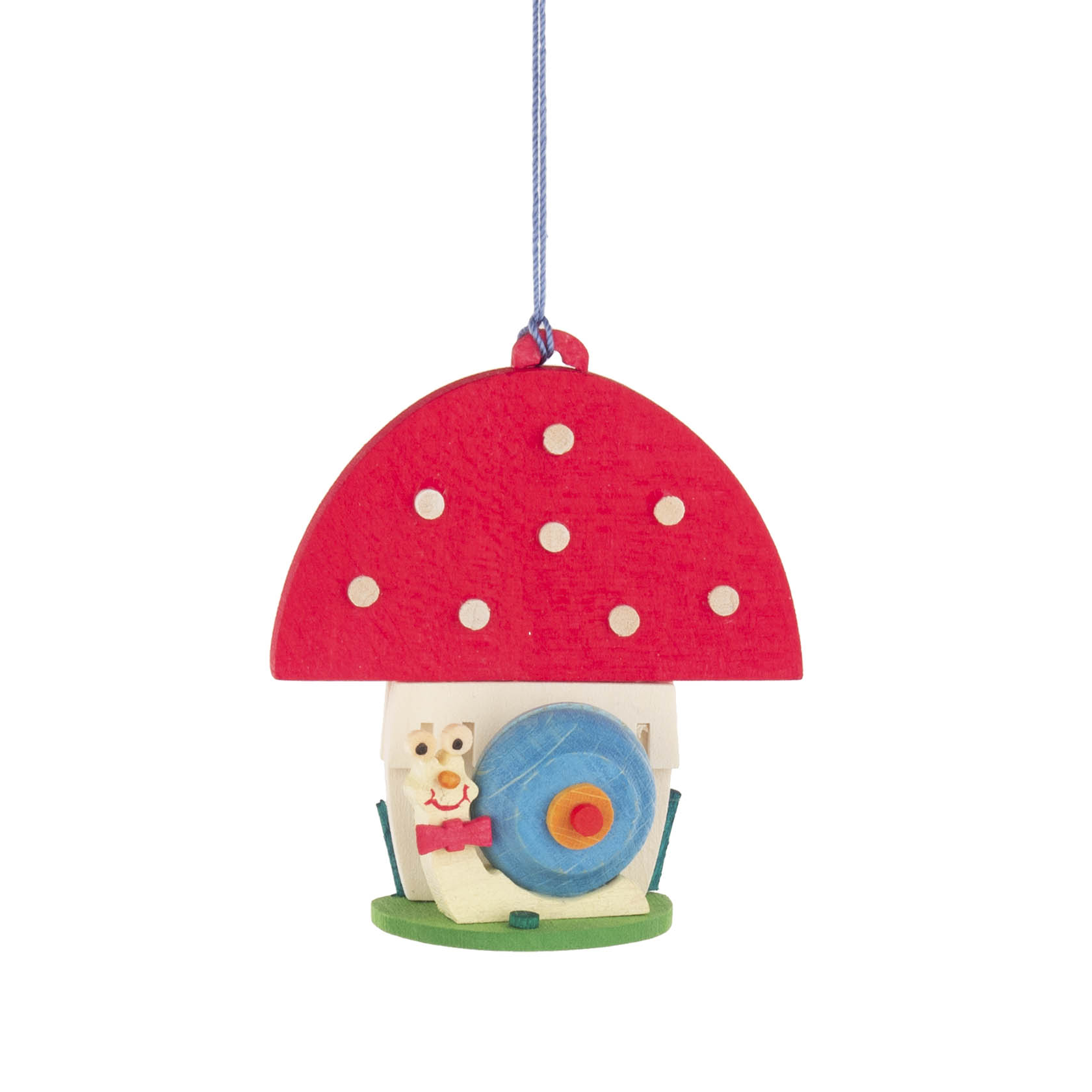 Ein Holzanhänger in Form eines Fliegenpilzes, auf dem eine dekorative Schnecke mit blauem Haus sitzt. im Dregeno Online Shop günstig kaufen