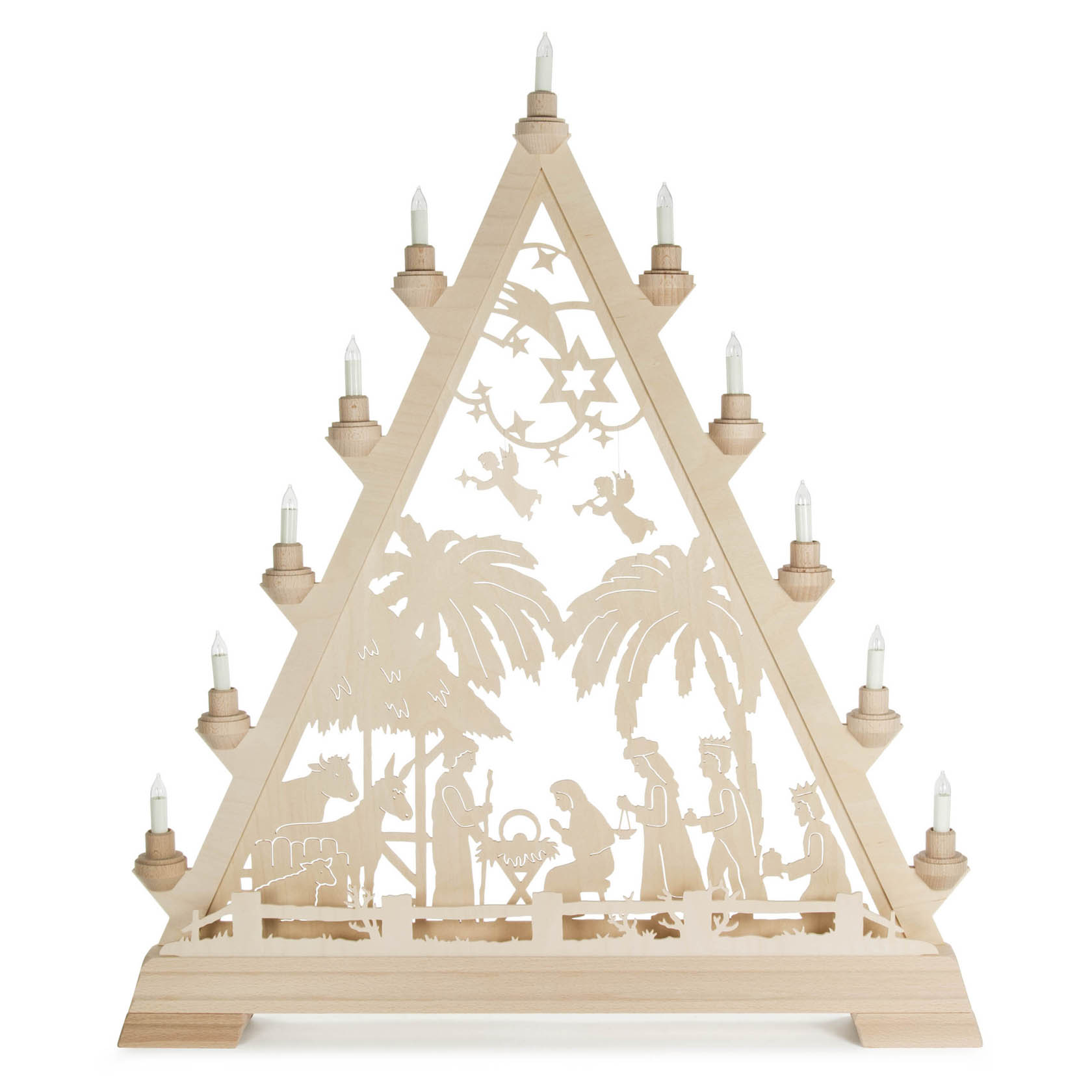 Holz-Weihnachtspyramide in Dreiecksform mit elektrisch beleuchteten Kerzen und filigranem Motiv der Geburt Christi mit Maria, Josef und dem Jesuskind. im Dregeno Online Shop günstig kaufen