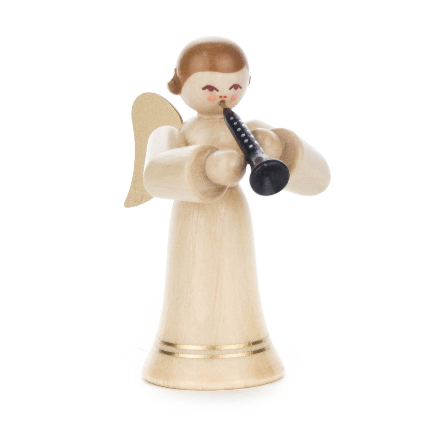 Handgeschnitzter Engel wurde gemacht aus Holz, trägt ein langes naturfarbenes Kleid und spielt eine schwarze Oboe. Der Engel hat goldene Flügel. im Dregeno Online Shop günstig kaufen