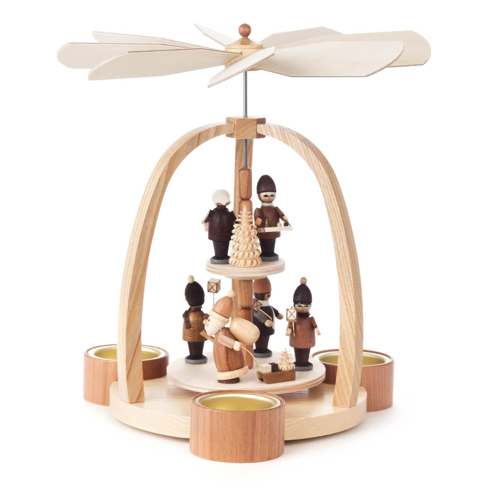Zweistufige Weihnachtspyramide aus Holz mit Striezelkindern, Weihnachtsmann und Laternenkindern. Dekoriert mit Teelichthaltern. im Dregeno Online Shop günstig kaufen