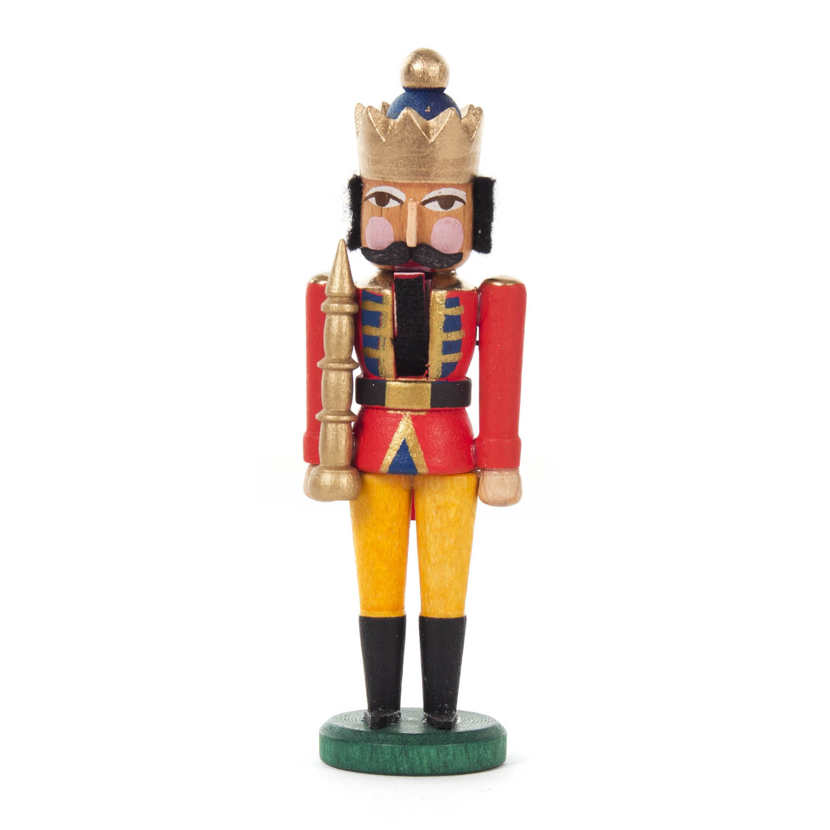 Ein Mini-Nussknacker in Königsgestalt, 8 cm groß, trägt eine rote Jacke, gelbe Hose, blauen Gürtel und goldene Krone, hält ein Zepter. im Dregeno Online Shop günstig kaufen