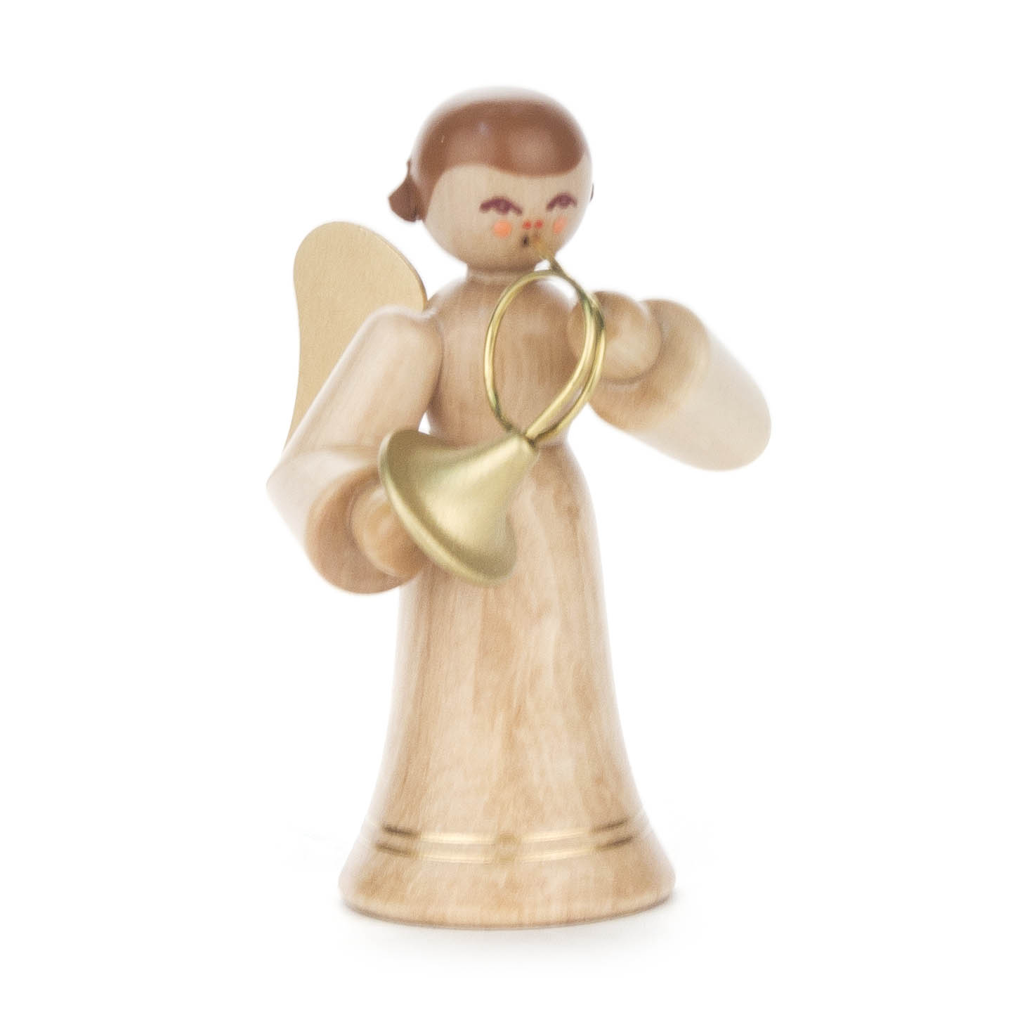 Holzfigur eines Engels mit kurzen braunen Haaren, der ein goldenes Waldhorn hält, bekleidet mit einem langen unbehandelten Holzrock und goldenen Flügeln. im Dregeno Online Shop günstig kaufen