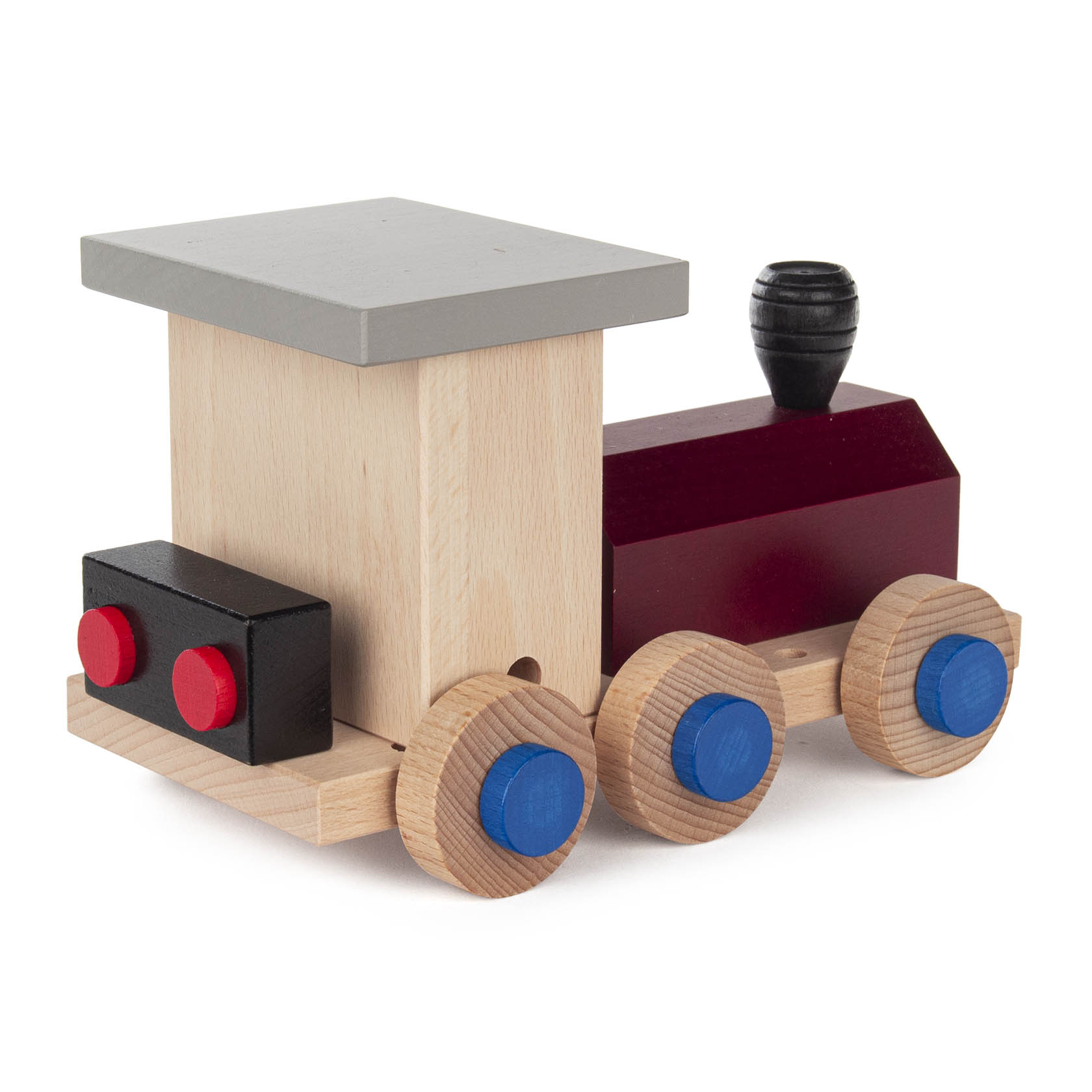 Ein bunter Holz-Fahrzeugbaukasten in Form eines kleinen Zuges mit vier Rädern, einem schwarzen Schornstein, rotem Kessel und grauem Dach.