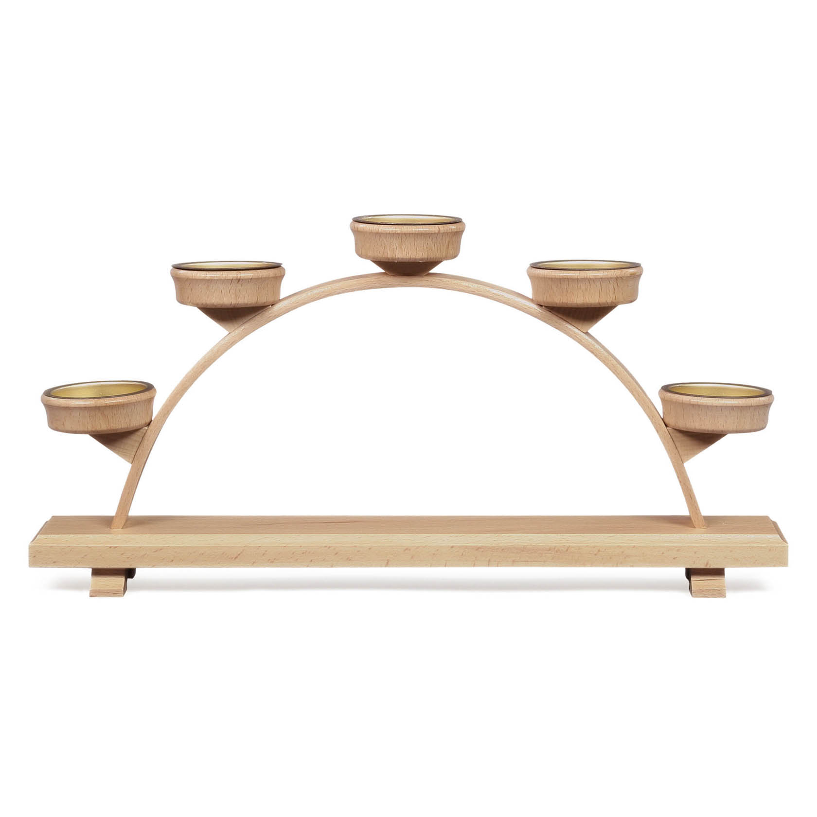 Ein großer, unbestückter Schwibbogen aus Holz für fünf Teelichte, auf einer flachen Holzplatte montiert. im Dregeno Online Shop günstig kaufen