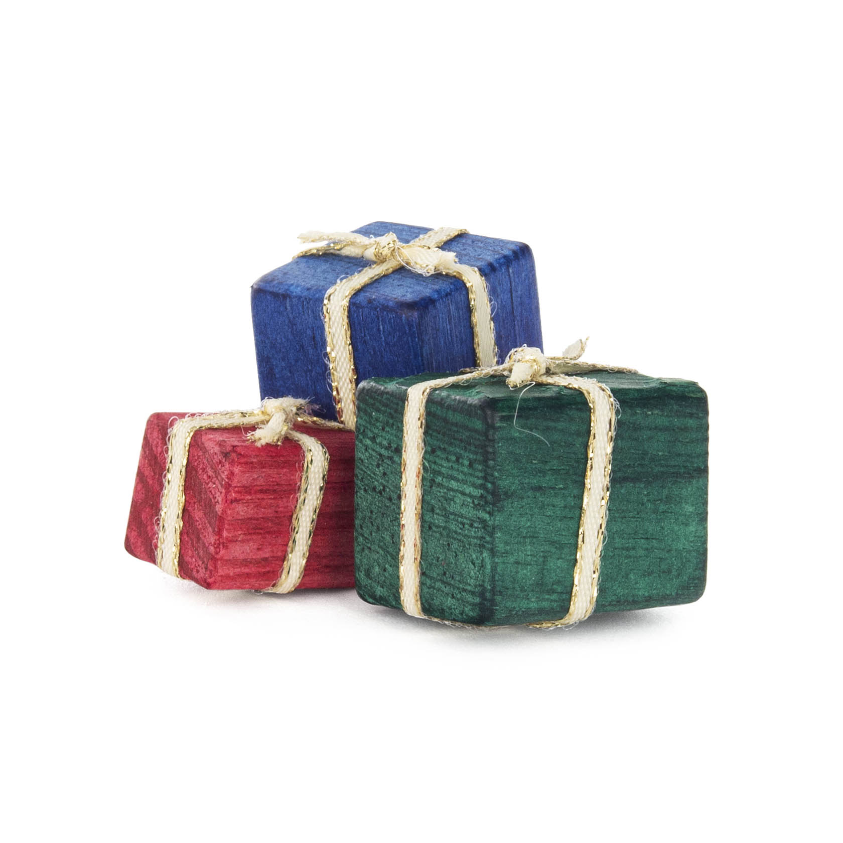 Drei kleine Geschenkpäckchen in rot, blau und grün mit dekorativen Bändern. im Dregeno Online Shop günstig kaufen