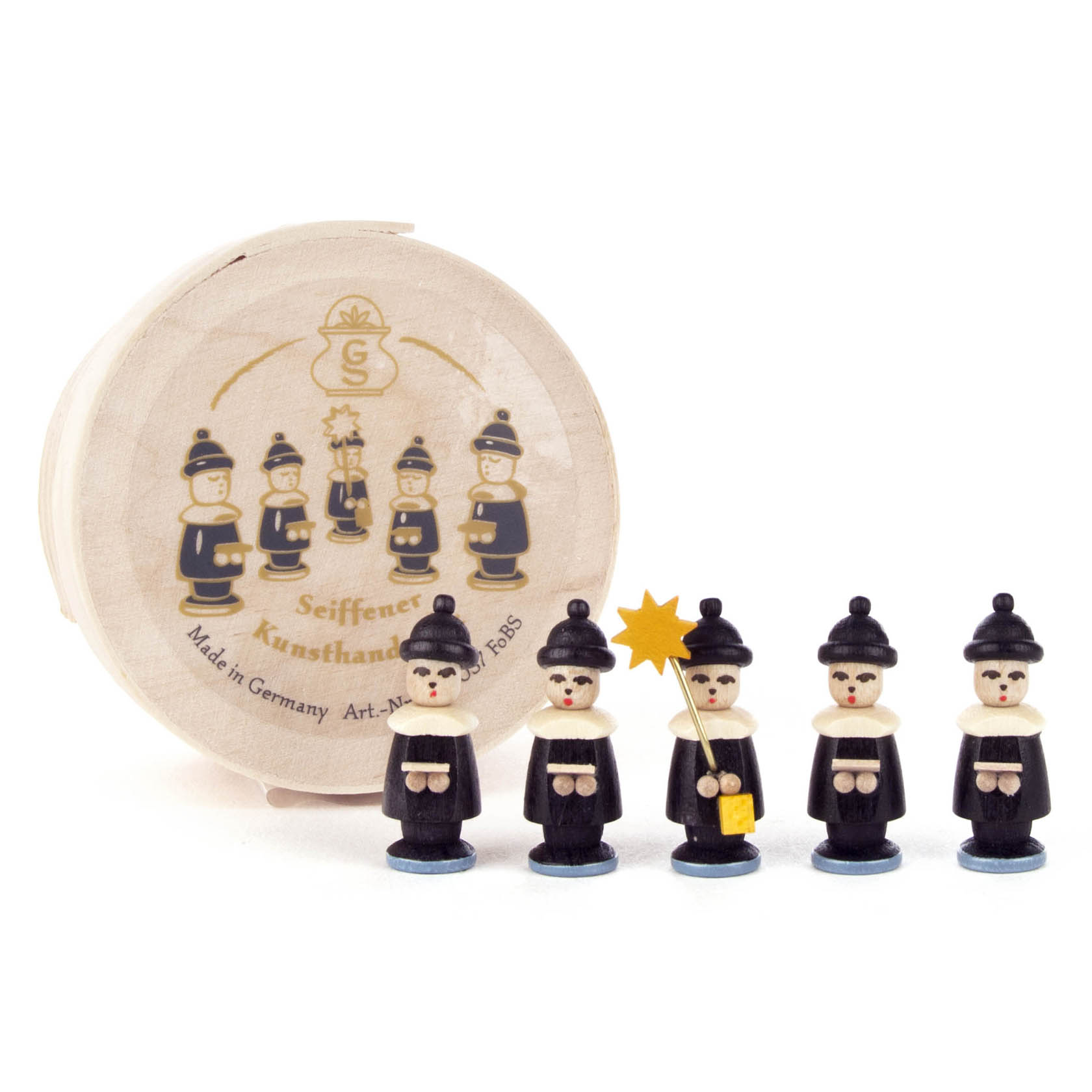 Fünf schwarze Kurrende-Figuren mit weißen Kragen und Hüten, eine trägt einen goldenen Stern, vor einer runden Spandose mit identischem Motiv. im Dregeno Online Shop günstig kaufen