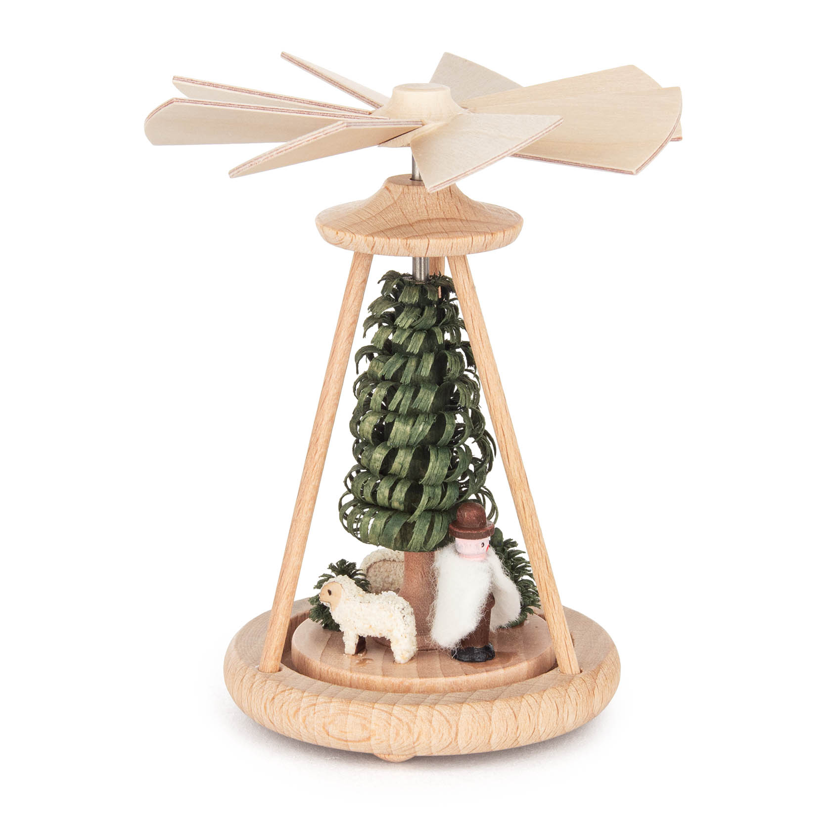 Ein Wärmespiel mit einem Schäfer, der einen schwarzen Hut und einen Umhang trägt, steht neben einem weißen Schaf und vor einem grünen Baum. im Dregeno Online Shop günstig kaufen