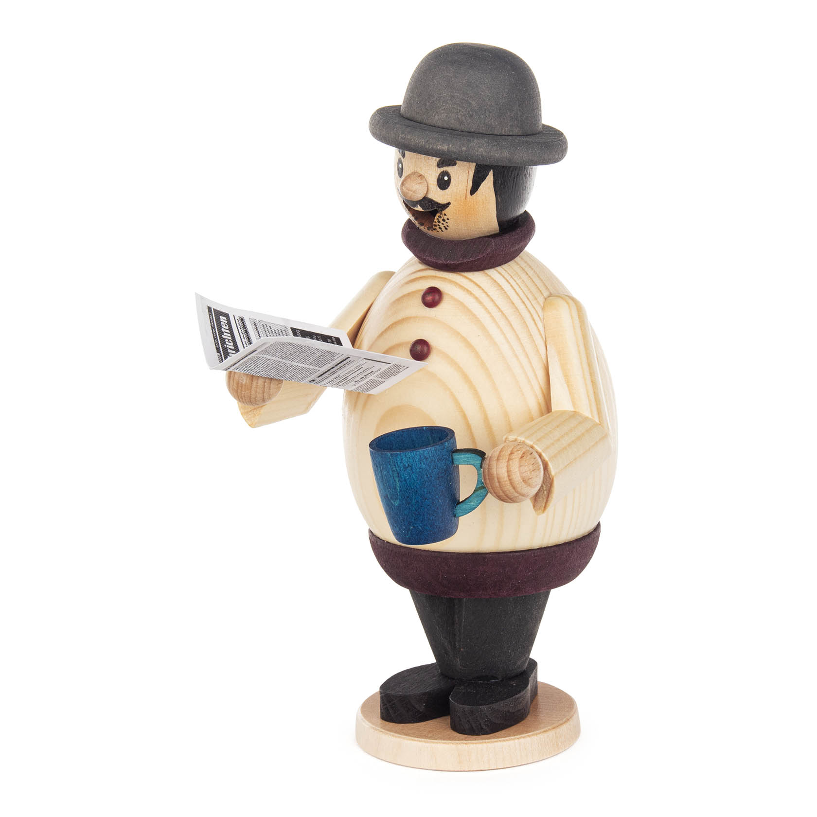Wooden incense smoker figurine in the shape of a man, wearing a black hat, holding a coffee mug and a newspaper.