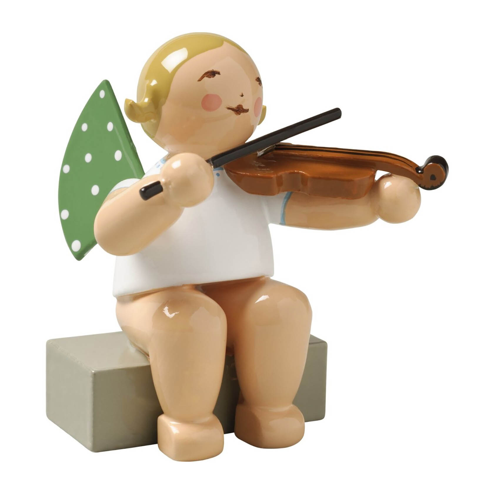 Sitzender Engel mit grünen Flügeln und weißen Punkten spielt Bratsche, sitzt auf grauem Sockel. im Dregeno Online Shop günstig kaufen