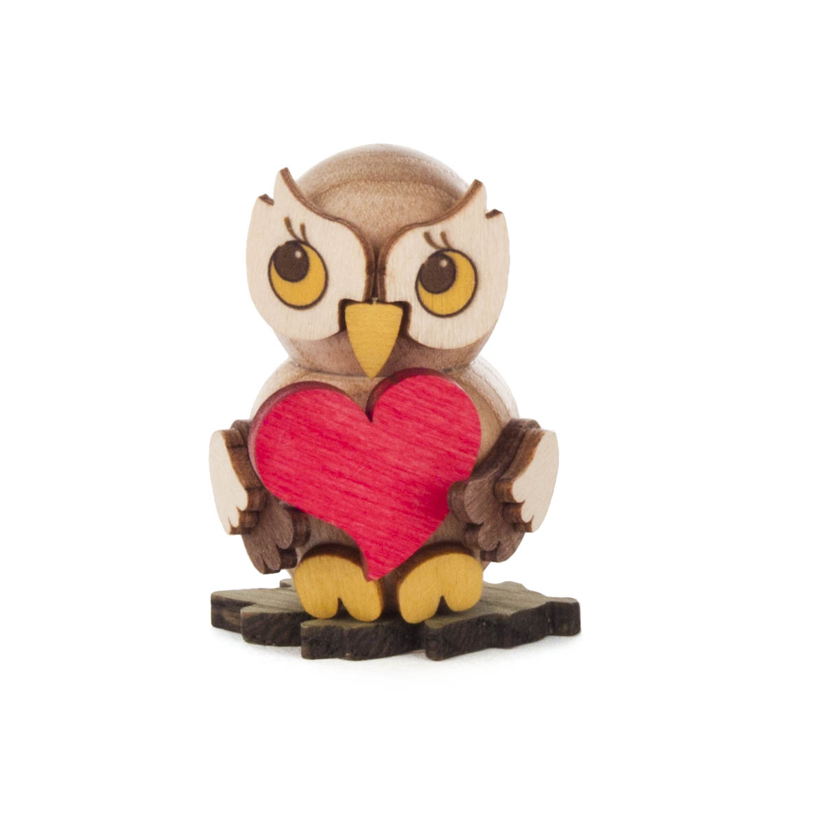 Holzfigur einer Eule mit großen runden Augen, die ein rotes Herz umarmt und auf einem kleinen Holzsockel steht. im Dregeno Online Shop günstig kaufen