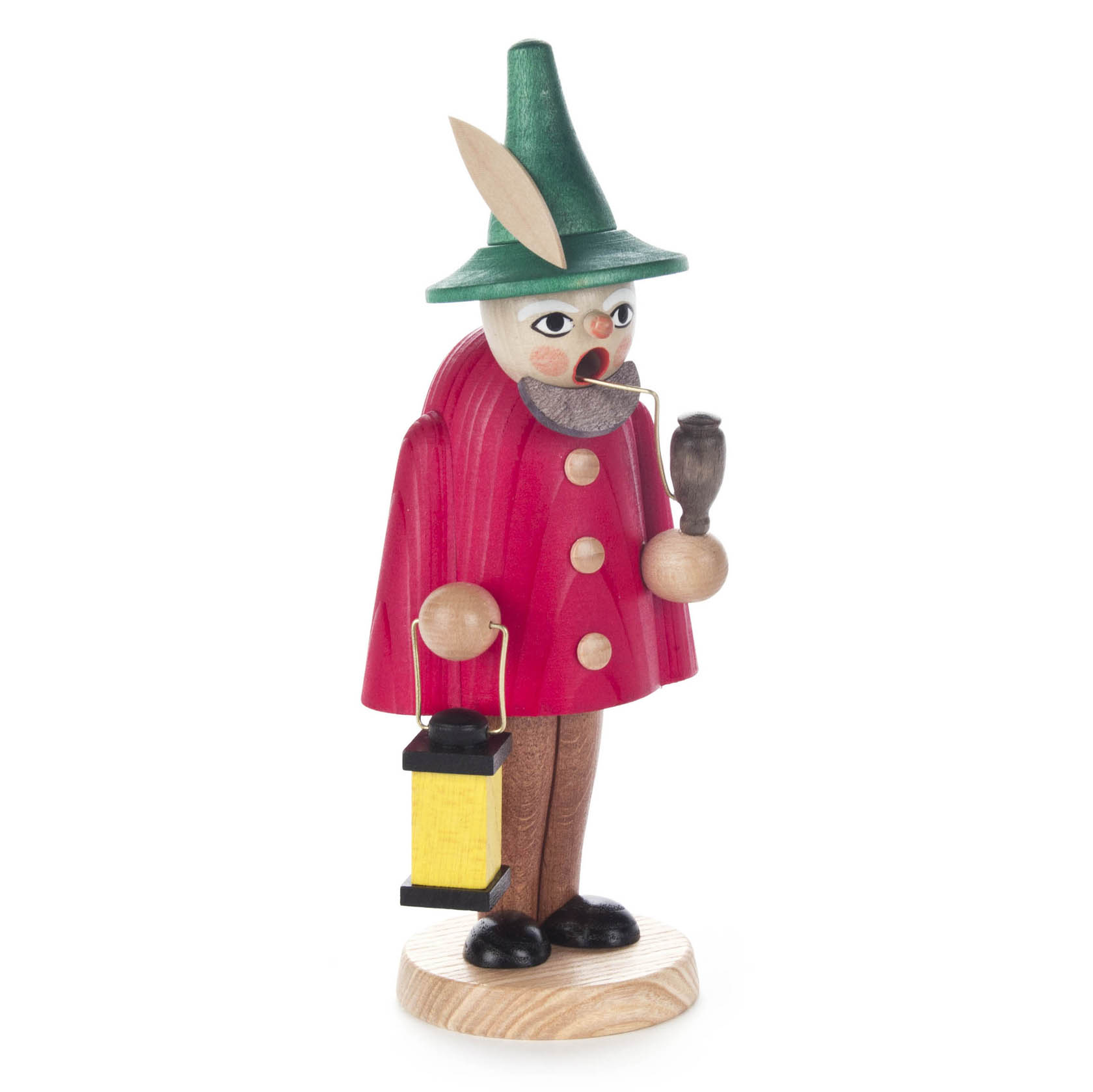 Eine kleine, bunte Räuchermann-Figur in Wichtelgestalt mit grünem Hut, rotem Mantel, Pfeife und gelber Laterne in der Hand.