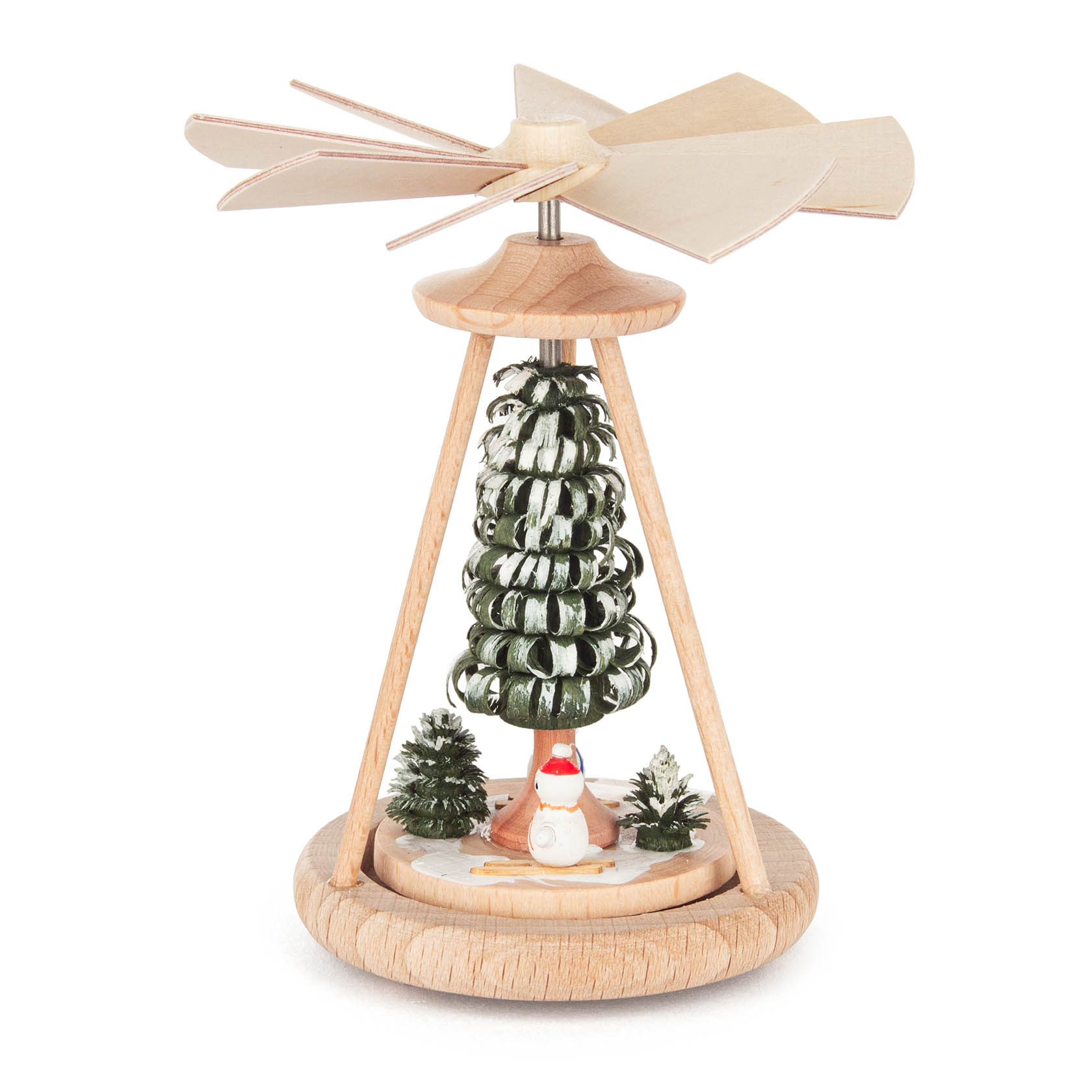 Ein Wärmespiel mit einem Schneemann und einem Tannenbaum. Der Schneemann trägt einen blauen Hut und steht auf einer rotierenden Basis aus Holz. im Dregeno Online Shop günstig kaufen