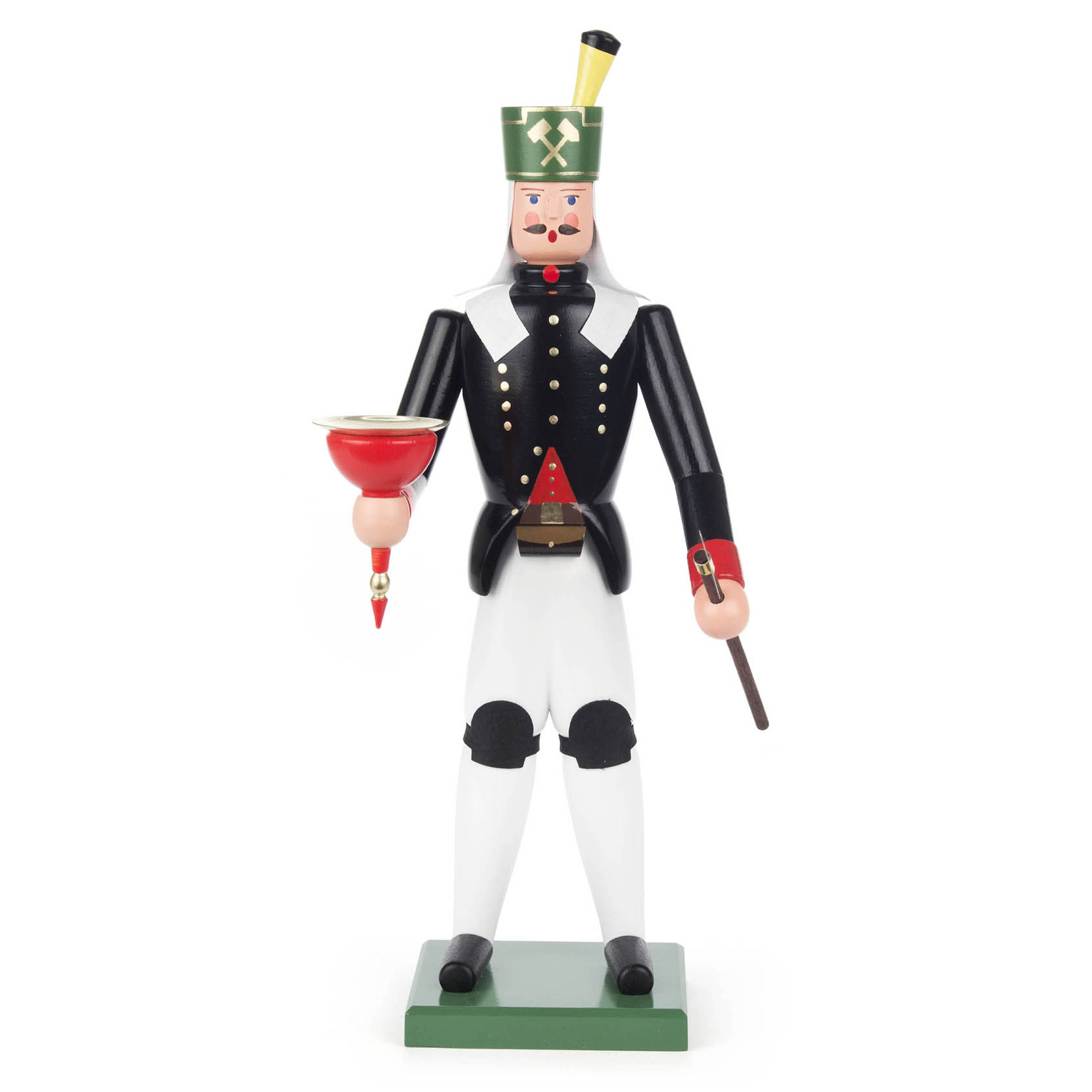 Holzfigur eines Bergmanns in traditioneller Uniform mit einem Kerzenhalter in der Hand, geeignet für eine Kerze mit 14mm Durchmesser. im Dregeno Online Shop günstig kaufen