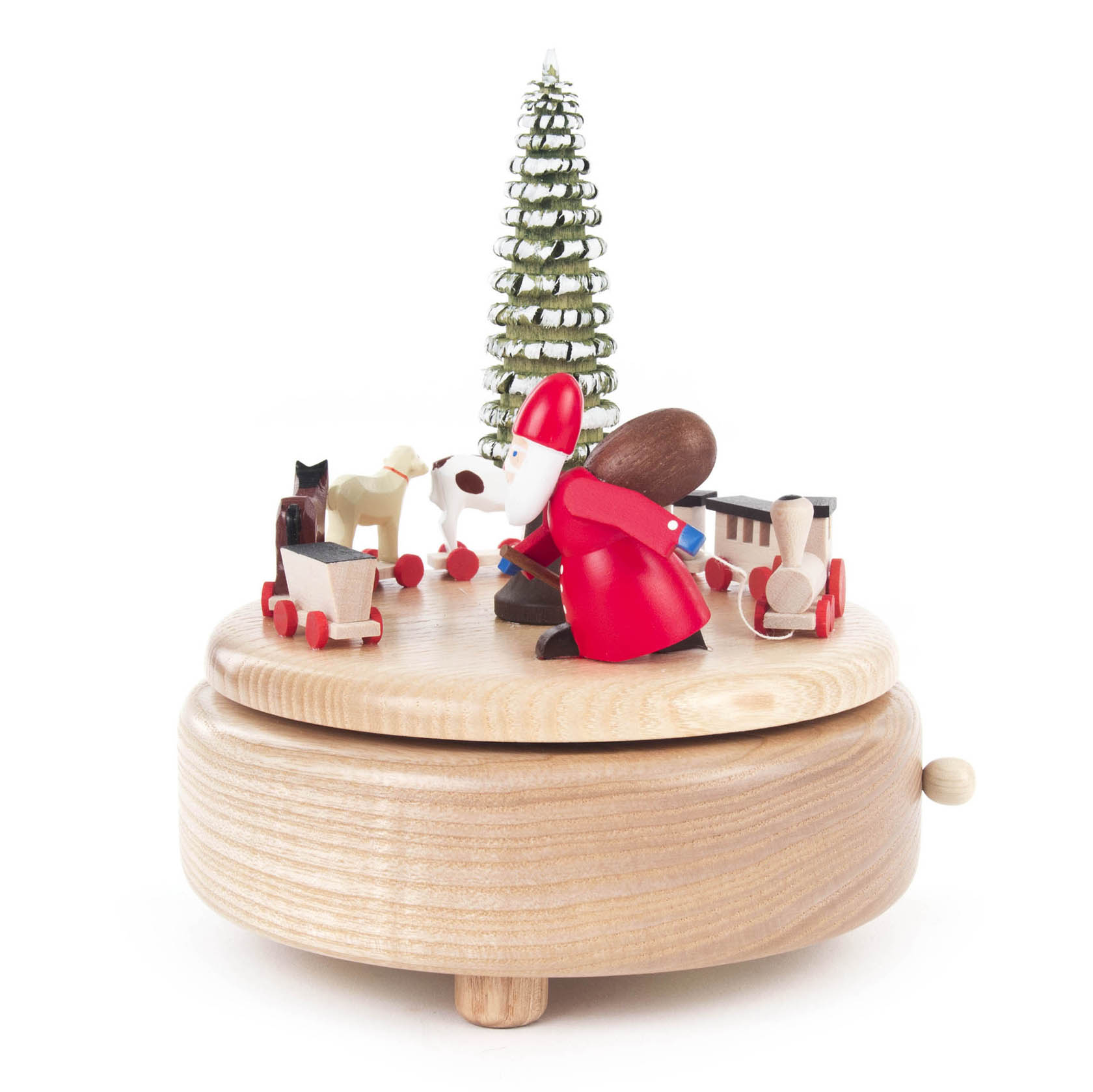 Holzspieldose mit Weihnachtsmann, Eisenbahn, Hund und Eichelhörnchen um einen silbernen Weihnachtsbaum, Melodie 'O Tannenbaum'. im Dregeno Online Shop günstig kaufen