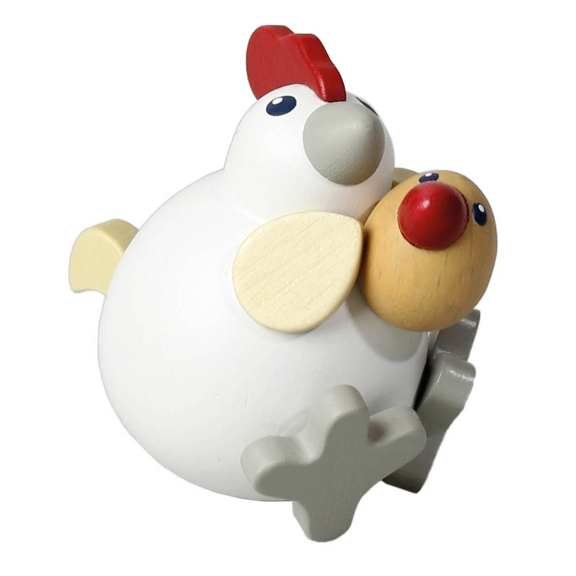 Holzspielzeug in Form eines weißen Huhns mit rotem Kamm und einem kleineren Küken, das vor dem Huhn sitzt. im Dregeno Online Shop günstig kaufen