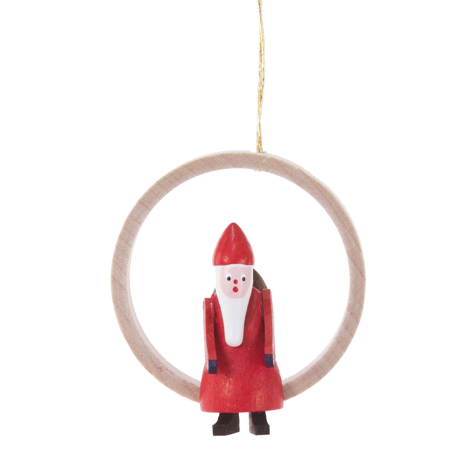 Eine hölzerne Weihnachtsornamentfigur von Ruprecht in einem Ring. Ruprecht trägt ein rotes Gewand, rote Mütze und hat einen langen weißen Bart. im Dregeno Online Shop günstig kaufen