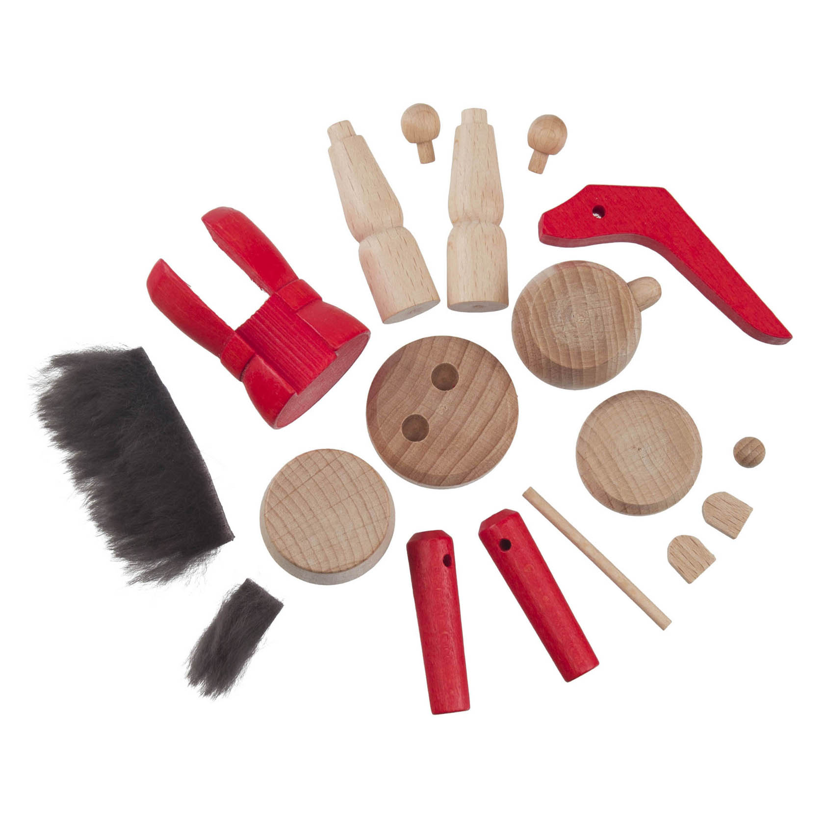 Holzteile eines Bastelsets für einen roten Nussknacker in Form eines Königs, darunter rotes Messer, Kopf, Arme, Knöpfe und schwarzer Bart.