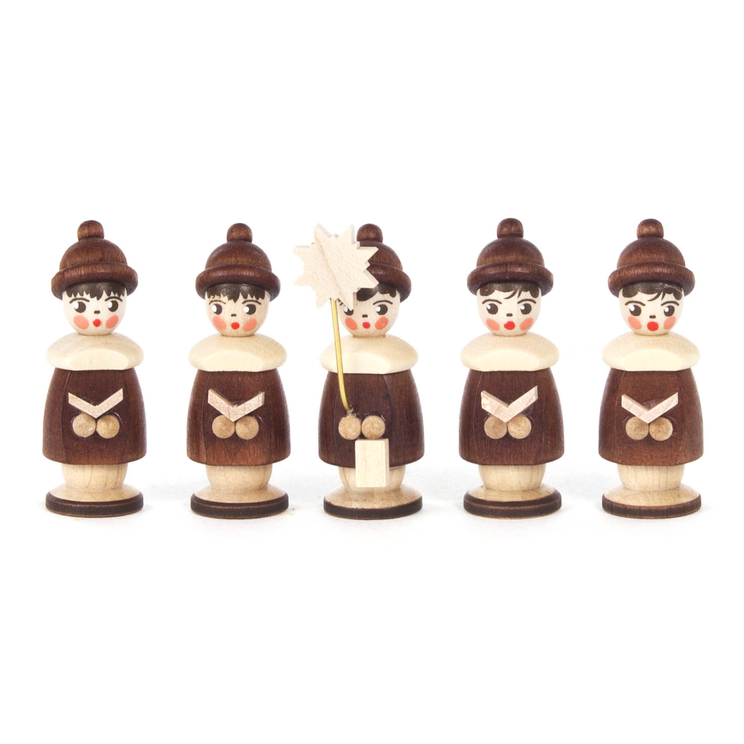 Fünf handgefertigte Kurrendefiguren aus Naturholz mit brauner Bemalung und weißem Kragen, eine hält einen Sternstab. im Dregeno Online Shop günstig kaufen