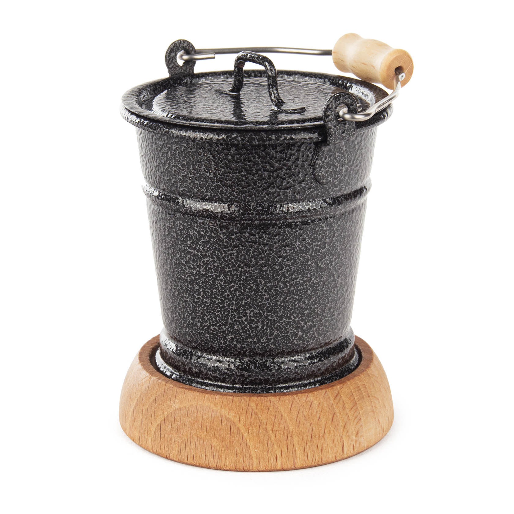 A small silver incense bucket with a wooden handle and a wooden base, designed for burning incense. im Dregeno Online Shop günstig kaufen