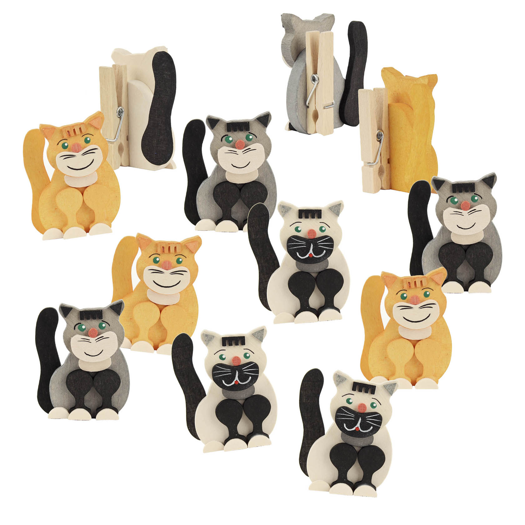 Holzklammern mit bemalten Katzenmotiven, in verschiedenen Fellfarben wie grau, orange und schwarz-weiß dargestellt, alle mit lächelndem Gesicht. im Dregeno Online Shop günstig kaufen