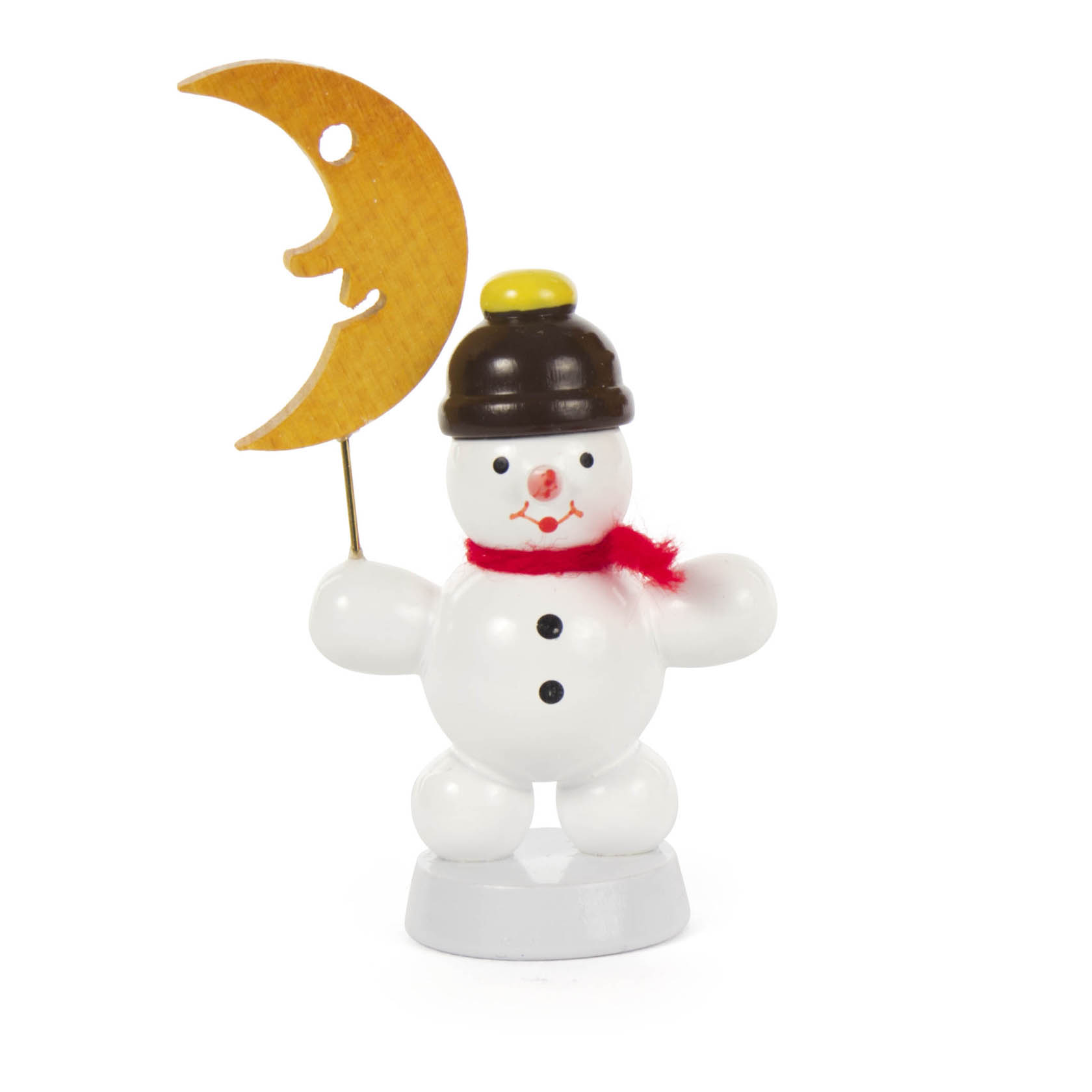 Ein kleiner Schneemann mit einer roten Mütze und einem roten Schal hält einen lächelnden Mond aus Holz in seiner rechten Hand. im Dregeno Online Shop günstig kaufen