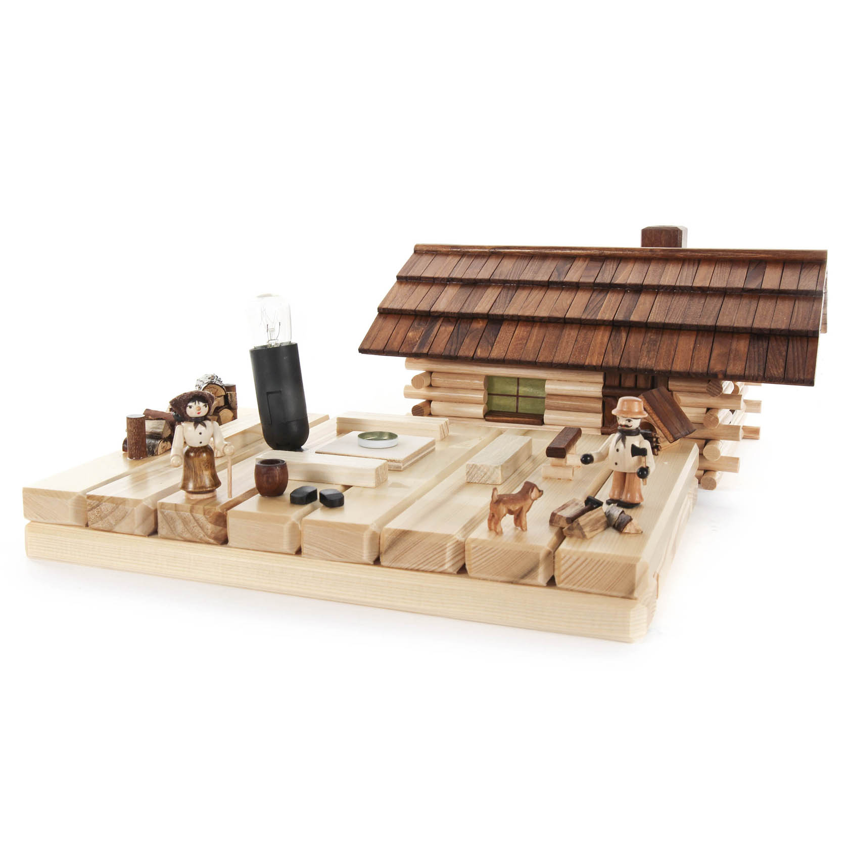 Holzmodell einer Waldhütte mit Figuren: zwei Menschen, Hund, Tisch mit Zubehör, elektrisches Licht im Inneren, geeignet für Räucherkerzen mit Rauchfunktion.