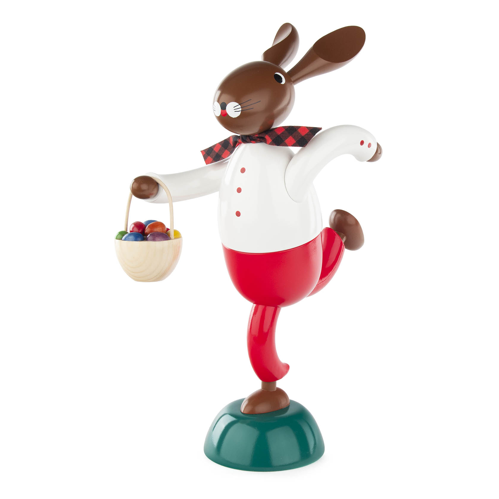 Roter, großer Hase mit Korb in der Hand, stehend auf einem Bein