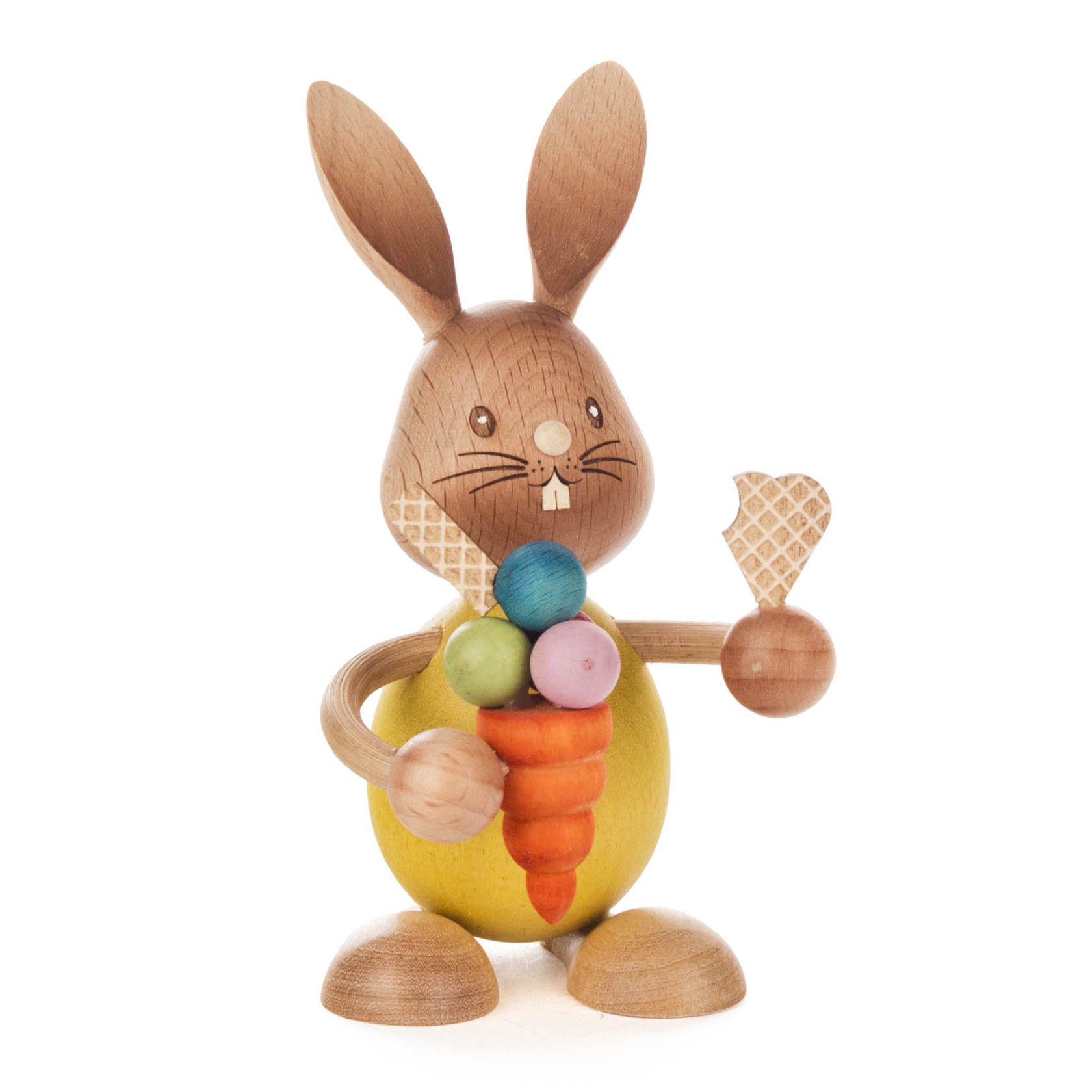 Holzhase mit dem Namen 'Stupsi', hält ein kleines Waffeleis und trägt eine bunte Kugel und Karotte an seiner Brust. im Dregeno Online Shop günstig kaufen