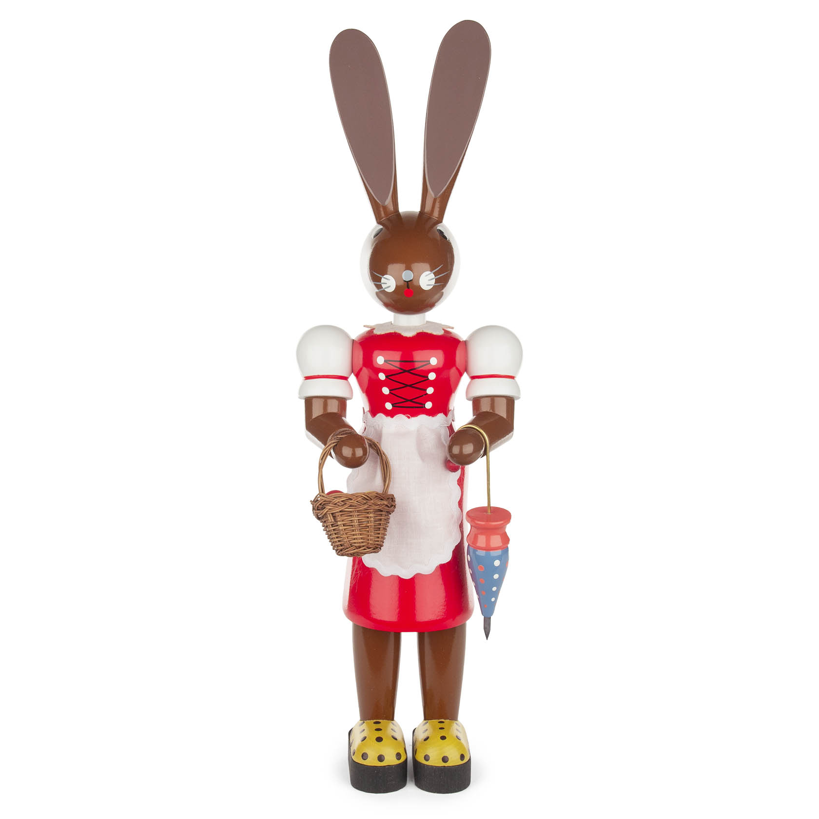 Eine große, rot gekleidete Hasenfigur mit langen Ohren, die einen Korb und eine Eistüte trägt.